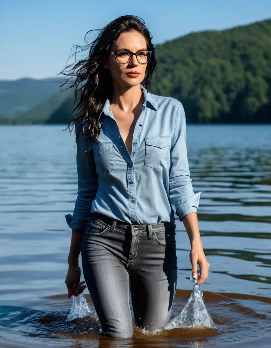photo of young woman, in soaking wet, drenched clothes,
Stilletto heels, long gray tight jeans, light blue jeans shirt with longvsleeves , walking in Sunny Deep lake, 
enjoying, wet clothes stuck to body,
detailed textures of the wet clothes, wet face, wet plastered hair,
wet, drenched, professional, high-quality details, full body view.
sharp focus, ultra-high pixel detail, realistic, high-quality, full colors, incredibly detailed, 4k, 8k, 16k, hyper-realistic, RAW photo, masterpiece, ultra-detailed, professionally color graded, professional photograph, woman 51 years old, medium black hair, very big and thick lips, office light glasses, complete body
