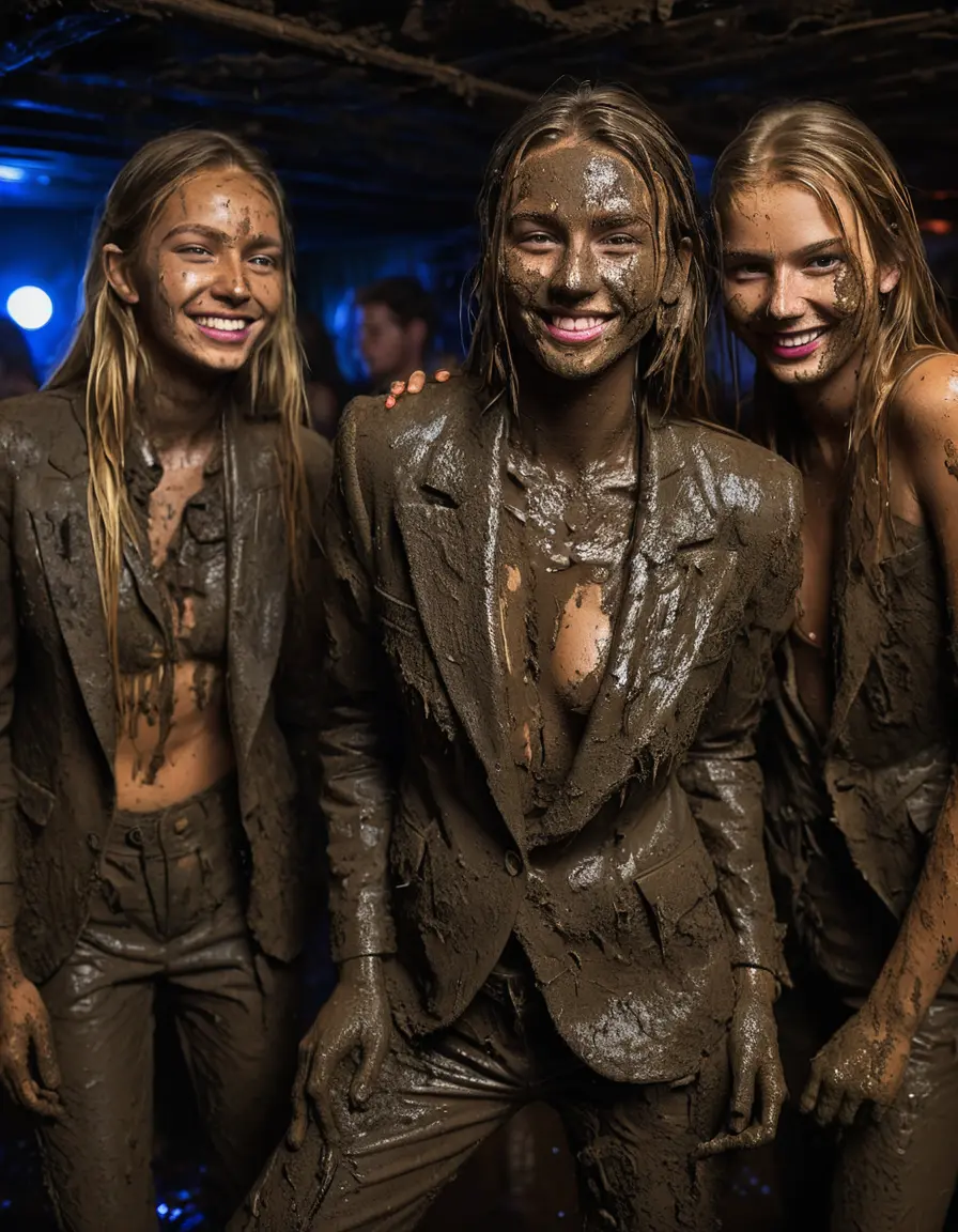 photo of young woman, in soaking wet, drenched clothes,
Muddy high heels, Long very muddy suit pants, Full muddy ruined fully-opened unbuttoned blazer like a fancy uniform over topless exposed small boobs., Dark muddy indoor disco club at night with a mud-filled deep pool on the dance floor. Mud splashed walls, very dark mood lighting with pink and blue neon lights from above. Muddy chairs and sofas in the background., 
enjoying, wet clothes stuck to body,
detailed textures of the wet clothes, wet face, wet plastered hair,
wet, drenched, professional, high-quality details, full body view.
sharp focus, ultra-high pixel detail, realistic, high-quality, full colors, incredibly detailed, 4k, 8k, 16k, hyper-realistic, RAW photo, masterpiece, ultra-detailed, professionally color graded, professional photograph, Two very young-looking pretty cute innocent blonde teen 14 years old beautiful girls are posing erotically together in a crowded knee-deep muddy pool after a full dip during the crazy muddy indoor disco party at night for a professional photo. Their knees are below the mud level. They are proudly wearing their fully and heavily mud-covered unbuttoned and opened suits over their muddy topless small boobs. Thick mud on their blazers and pants. Every small details of the clothes are muddy, muddy beautiful faces, muddy chests and boobs. Their blazer has the same colour as their muddy pants. There are small group of similar muddy clubbing teen girls in the near background. The classy elegant disco club is totally destroyed by mud, mud spots everywhere, mud flows down on the walls, mud on the furnitures in the background. Straight very long open wavy hairstyle, muddy hair, smiling and beautiful muddy faces, blue eyes, earrings, lipstick. The girls are enjoying to being total muddy in the muddy pool, being sexy, naughty while they are enjoying the muddy fetish party. Realistic muddy boobs and photorealistic detailed smiling facial expressions. Intimate close-up picture about the girls. Close-up photo, highly realistic representation, ultra sharp focus, highly photorealistic detailed textures, highly photorealistic detailed facial features and expressions, highly photorealistic hands, highly emotional reactions, highly best quality, highly sharp photorealistic image, highly photorealistic details, full UHD resolution, 32 K, very high level of detail and image sharpness, zoomed in