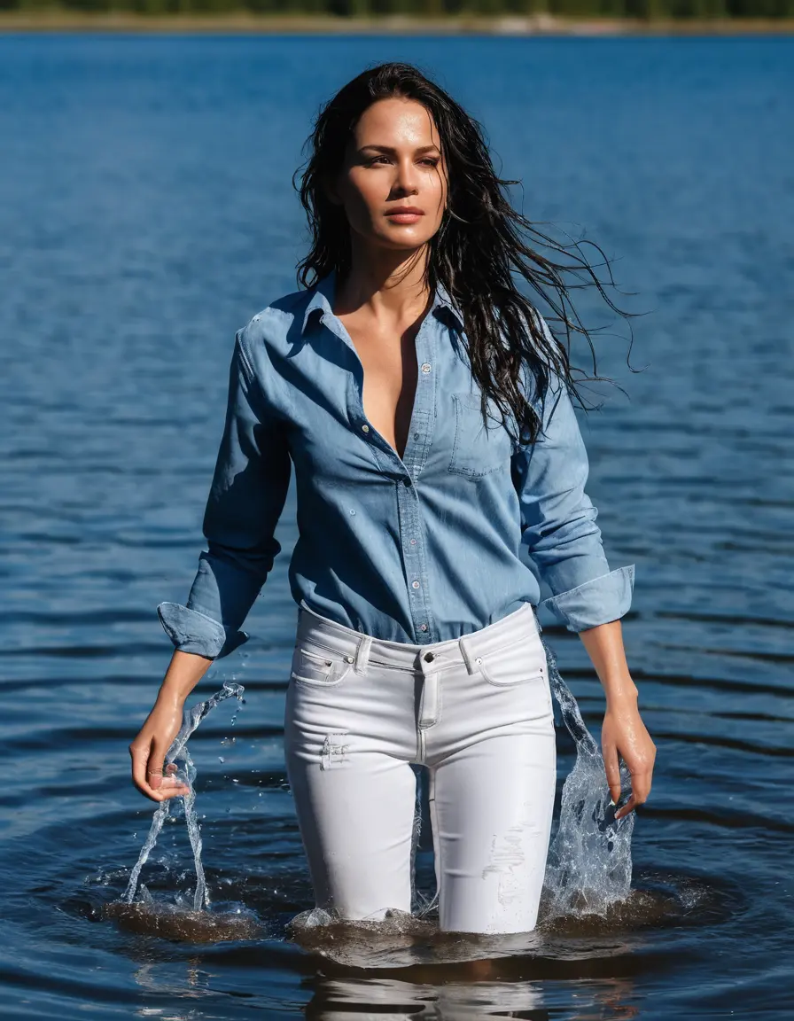 photo of young woman, in soaking wet, drenched clothes,
sport shoes, long tight white jeans, blue jeans shirt with long sleeves, walking in sunny deep lake, 
enjoying, wet clothes stuck to body,
detailed textures of the wet clothes, wet face, wet plastered hair,
wet, drenched, professional, high-quality details, full body view.
sharp focus, ultra-high pixel detail, realistic, high-quality, full colors, incredibly detailed, 4k, 8k, 16k, hyper-realistic, RAW photo, masterpiece, ultra-detailed, professionally color graded, professional photograph, mature woman, 51 years old, complete body, long black hair, very big lips