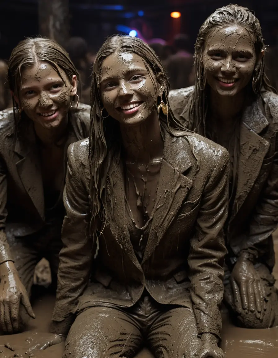 photo of young woman, in soaking wet, drenched clothes,
Muddy high heels, Long very muddy suit pants, Full muddy ruined fully-opened unbuttoned blazer like a fancy uniform over topless exposed small boobs., Dark muddy indoor disco club at night with a mud-filled deep pool on the dance floor. Mud splashed walls, very dark mood lighting with pink and blue neon lights from above. Muddy chairs and sofas in the background., 
enjoying, wet clothes stuck to body,
detailed textures of the wet clothes, wet face, wet plastered hair,
wet, drenched, professional, high-quality details, full body view.
sharp focus, ultra-high pixel detail, realistic, high-quality, full colors, incredibly detailed, 4k, 8k, 16k, hyper-realistic, RAW photo, masterpiece, ultra-detailed, professionally color graded, professional photograph, Two very young-looking pretty cute innocent blonde teen 18 years old beautiful girls are tearing off their muddy blazer from each other in a crowded knee-deep muddy pool after a full dip during the crazy muddy indoor disco party at night for a professional photo. Their knees are below the mud level. They are proudly wearing their fully and heavily mud-covered unbuttoned and opened suits over their muddy topless small boobs. Thick mud on their blazers and pants. Every small details of the clothes are muddy, muddy beautiful faces, muddy chests and boobs. Their blazer has the same colour as their muddy pants. There are small group of similar muddy clubbing teen girls in the near background. The classy elegant disco club is totally destroyed by mud, mud spots everywhere, mud flows down on the walls, mud on the furnitures in the background. Straight very long open wavy hairstyle, muddy hair, smiling and beautiful muddy faces, blue eyes, earrings, lipstick. The girls are enjoying to being total muddy in the muddy pool, being sexy, naughty while they are enjoying the muddy fetish party. Realistic muddy boobs and photorealistic detailed smiling facial expressions. Intimate close-up picture about the girls. Close-up photo, highly realistic representation, ultra sharp focus, highly photorealistic detailed textures, highly photorealistic detailed facial features and expressions, highly photorealistic hands, highly emotional reactions, highly best quality, highly sharp photorealistic image, highly photorealistic details, full UHD resolution, 32 K, very high level of detail and image sharpness, zoomed in