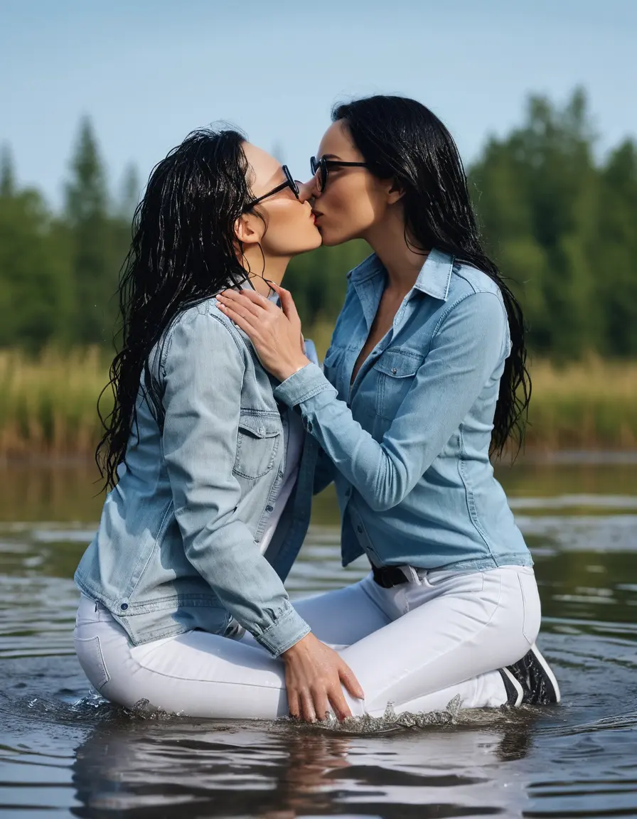 photo of young woman, in soaking wet, drenched clothes,
sneaker, white wet tight jeans , light blue jeans shirt with long sleeves, two women kissing in sunny lake, rainy sunny day, 
enjoying, wet clothes stuck to body,
detailed textures of the wet clothes, wet face, wet plastered hair,
wet, drenched, professional, high-quality details, full body view.
sharp focus, ultra-high pixel detail, realistic, high-quality, full colors, incredibly detailed, 4k, 8k, 16k, hyper-realistic, RAW photo, masterpiece, ultra-detailed, professionally color graded, professional photograph, women 51 years old, long black hair, complete body, very big lips, office light glasses, open mouth