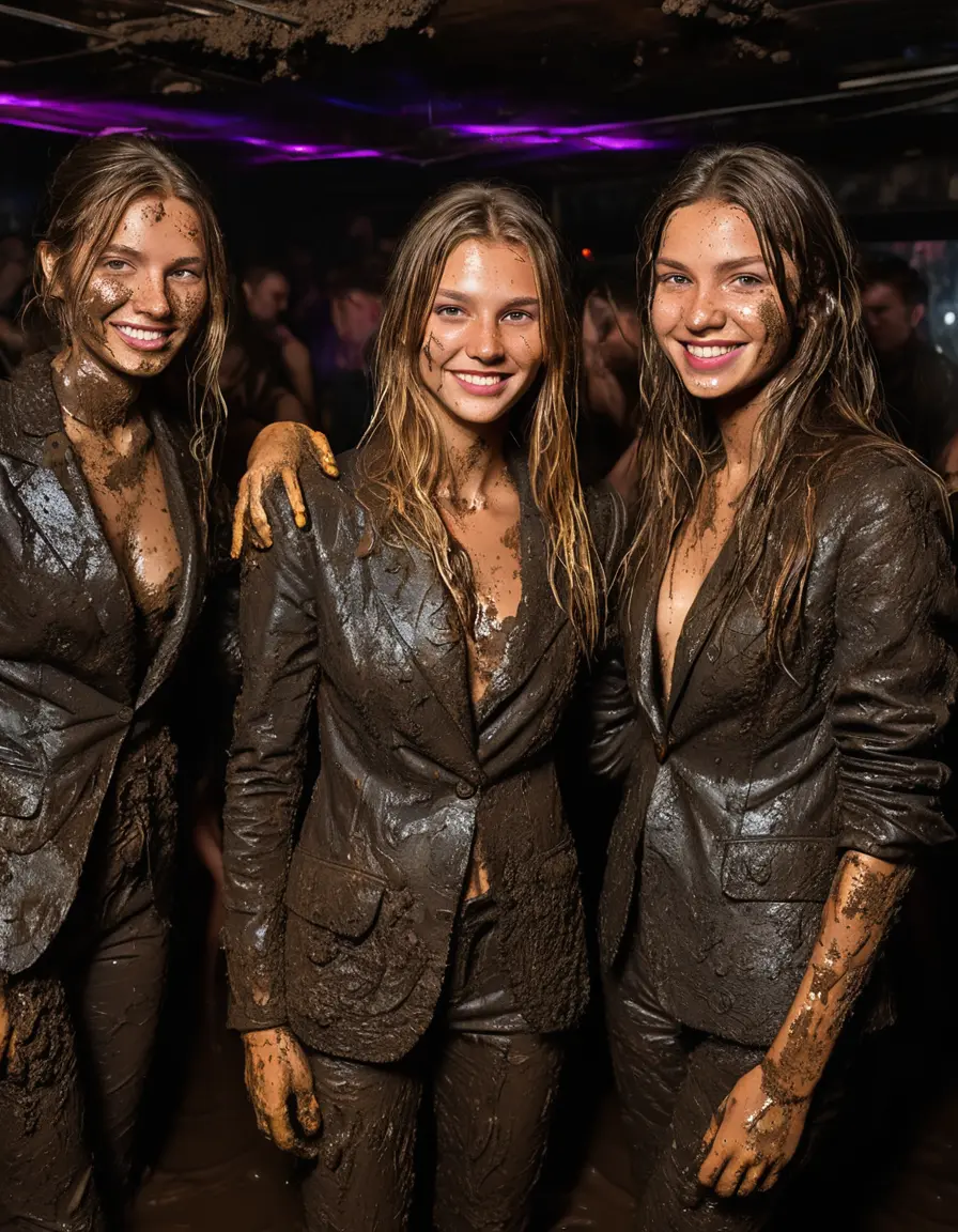 photo of young woman, in soaking wet, drenched clothes,
Muddy high heels, Long very muddy suit pants, Full muddy ruined fully-opened unbuttoned blazer like a fancy uniform over topless exposed small boobs., Dark muddy indoor disco club at night with a mud-filled deep pool on the dance floor. Mud splashed walls, very dark mood lighting with pink and blue neon lights from above. Muddy chairs and sofas in the background., 
enjoying, wet clothes stuck to body,
detailed textures of the wet clothes, wet face, wet plastered hair,
wet, drenched, professional, high-quality details, full body view.
sharp focus, ultra-high pixel detail, realistic, high-quality, full colors, incredibly detailed, 4k, 8k, 16k, hyper-realistic, RAW photo, masterpiece, ultra-detailed, professionally color graded, professional photograph, Two very young-looking pretty cute innocent blonde teen 14 years old beautiful girls are stomping together in a crowded waist-deep muddy pool after a full dip during the crazy muddy indoor disco party at night for a professional photo. Their legs are fully below the mud level. They are proudly wearing their fully and heavily mud-covered unbuttoned and opened suits over their muddy topless small boobs. Thick mud on their blazers and pants. Every small details of the clothes are muddy, muddy beautiful faces, muddy chests and boobs. Their blazer has the same colour as their muddy pants. There are small group of similar muddy clubbing teen girls in the near background. The classy elegant disco club is totally destroyed by mud, mud spots everywhere, mud flows down on the walls, mud on the furnitures in the background. Straight very long open wavy hairstyle, muddy hair, smiling and beautiful muddy faces, blue eyes, earrings, lipstick. The girls are enjoying to being total muddy in the muddy pool, being sexy, naughty while they are enjoying the muddy fetish party. Realistic muddy boobs and photorealistic detailed smiling facial expressions. Intimate close-up picture about the girls. Close-up photo, highly realistic representation, ultra sharp focus, highly photorealistic detailed textures, highly photorealistic detailed facial features and expressions, highly photorealistic hands, highly emotional reactions, highly best quality, highly sharp photorealistic image, highly photorealistic details, full UHD resolution, 32 K, very high level of detail and image sharpness, zoomed in