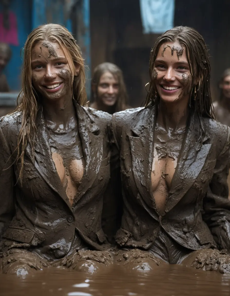photo of young woman, in soaking wet, drenched clothes,
, Long very muddy suit pants, Full muddy ruined fully-opened unbuttoned blazer like a fancy uniform over topless with too large cleavage and exposed big boobs., Muddy party in a dark muddy indoor disco club. Mud splashed walls, very dark mood lighting with pink and blue neon lights. Muddy furnitures and mud-covered chairs and sofas in the background., 
enjoying, wet clothes stuck to body,
detailed textures of the wet clothes, wet face, wet plastered hair,
wet, drenched, professional, high-quality details, full body view.
sharp focus, ultra-high pixel detail, realistic, high-quality, full colors, incredibly detailed, 4k, 8k, 16k, hyper-realistic, RAW photo, masterpiece, ultra-detailed, professionally color graded, professional photograph, Two young-looking pretty cute innocent blonde teen 16 years old beautiful girls are sitting submerged in a deep muddy hot tub after a full dip in it while they are hugging each other. Their waists are below the mud level. They are wearing their fully and heavily mud-covered unbuttoned and opened suits over their muddy topless boobs. Thick mud on their blazers and pants. Every small details of the clothes are muddy, muddy beautiful faces, muddy chests and boobs. Their blazer has the same colour as their muddy pants. They are proudly wearing their expensive open blazers. The classy elegant disco club is totally destroyed by mud, mud spots everywhere, mud flows down on the walls, mud on the furnitures in the background. Straight very long open wavy hairstyle, muddy hair, smiling and beautiful muddy faces, blue eyes, earrings, lipstick. The girls are enjoying to being total muddy in the muddy hot tub, being sexy, naughty while they are enjoying the muddy fetish party. Realistic muddy boobs and photorealistic detailed smiling facial expressions. Intimate close-up picture about the girls. Close-up photo, highly realistic representation, ultra sharp focus, highly photorealistic detailed textures, highly photorealistic detailed facial features and expressions, highly photorealistic hands, highly emotional reactions, highly best quality, highly sharp photorealistic image, highly photorealistic details, full UHD resolution, 32 K, very high level of detail and image sharpness, zoomed in