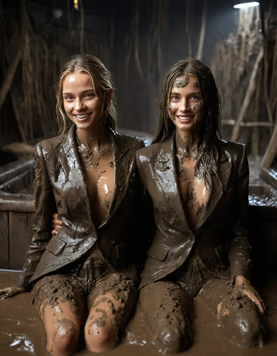 photo of young woman, in soaking wet, drenched clothes,
, Long very muddy suit pants, Full muddy ruined fully-opened blazer like a fancy uniform over topless with too large cleavage and exposed big boobs., Muddy party in a dark muddy indoor disco club. Mud splashed walls, very dark mood lighting with pink and blue neon lights. Muddy furnitures and mud-covered chairs and sofas in the background., 
enjoying, wet clothes stuck to body,
detailed textures of the wet clothes, wet face, wet plastered hair,
wet, drenched, professional, high-quality details, full body view.
sharp focus, ultra-high pixel detail, realistic, high-quality, full colors, incredibly detailed, 4k, 8k, 16k, hyper-realistic, RAW photo, masterpiece, ultra-detailed, professionally color graded, professional photograph, Two young pretty cute innocent blonde teen 16 years old beautiful girls are sitting submerged in a deep muddy hot tub after a full dip in it while they are hugging each other. Their waists are below the mud level. They are wearing their fully and heavily mud-covered opened suits with too large and wide cleavages. Thick mud on their blazers. Every small details of the clothes are muddy, muddy faces, muddy chests and boobs. Their blazer has the same colour as their muddy pants. They are proudly wearing their expensive open blazers and flaunting their large cleavages. The classy elegant disco club is totally destroyed by mud, mud spots everywhere, mud flows down on the walls, mud on the furnitures in the background. Straight very long open wavy hairstyle, muddy hair, smiling and beautiful muddy faces, blue eyes, earrings, lipstick. The girls are enjoying to being total muddy in the muddy hot tub, being sexy, naughty while they are enjoying the muddy fetish party. Realistic muddy boobs and photorealistic detailed smiling facial expressions. Intimate close-up picture about the girls. Close-up photo, highly realistic representation, ultra sharp focus, highly photorealistic detailed textures, highly photorealistic detailed facial features and expressions, highly photorealistic hands, highly emotional reactions, highly best quality, highly sharp photorealistic image, highly photorealistic details, full UHD resolution, 32 K, very high level of detail and image sharpness, zoomed in