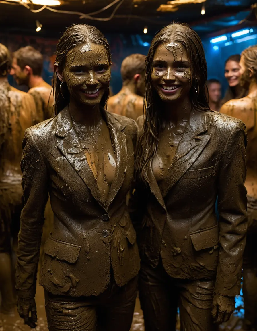 photo of young woman, in soaking wet, drenched clothes,
Muddy high heels, Long very muddy suit pants, Full muddy ruined fully-opened unbuttoned blazer like a fancy uniform over topless exposed small boobs., Dark muddy indoor disco club at night with a mud-filled deep pool on the dance floor. Mud splashed walls, very dark mood lighting with pink and blue neon lights from above. Muddy chairs and sofas in the background., 
enjoying, wet clothes stuck to body,
detailed textures of the wet clothes, wet face, wet plastered hair,
wet, drenched, professional, high-quality details, full body view.
sharp focus, ultra-high pixel detail, realistic, high-quality, full colors, incredibly detailed, 4k, 8k, 16k, hyper-realistic, RAW photo, masterpiece, ultra-detailed, professionally color graded, professional photograph, Two very young-looking pretty cute innocent blonde teen 18 years old beautiful girls are dancing together submerged in a crowded deep muddy pool after a full dip during the crazy muddy indoor disco party at night. Their waists are below the mud level. They are proudly wearing their fully and heavily mud-covered unbuttoned and opened suits over their muddy topless small boobs. Thick mud on their blazers and pants. Every small details of the clothes are muddy, muddy beautiful faces, muddy chests and boobs. Their blazer has the same colour as their muddy pants. There are small group of similar muddy clubbing teen girls in the near background. The classy elegant disco club is totally destroyed by mud, mud spots everywhere, mud flows down on the walls, mud on the furnitures in the background. Straight very long open wavy hairstyle, muddy hair, smiling and beautiful muddy faces, blue eyes, earrings, lipstick. The girls are enjoying to being total muddy in the muddy pool, being sexy, naughty while they are enjoying the muddy fetish party. Realistic muddy boobs and photorealistic detailed smiling facial expressions. Intimate close-up picture about the girls. Close-up photo, highly realistic representation, ultra sharp focus, highly photorealistic detailed textures, highly photorealistic detailed facial features and expressions, highly photorealistic hands, highly emotional reactions, highly best quality, highly sharp photorealistic image, highly photorealistic details, full UHD resolution, 32 K, very high level of detail and image sharpness, zoomed in