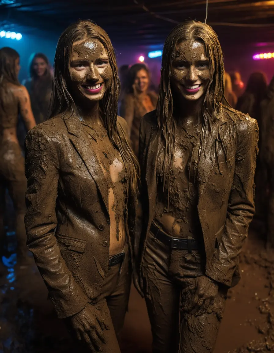 photo of young woman, in soaking wet, drenched clothes,
Muddy high heels, Long very muddy suit pants, Full muddy ruined fully-opened unbuttoned blazer like a fancy uniform over topless exposed small boobs., Dark muddy indoor disco club at night with a mud-filled deep pool on the dance floor. Mud splashed walls, very dark mood lighting with pink and blue neon lights from above. Muddy chairs and sofas in the background., 
enjoying, wet clothes stuck to body,
detailed textures of the wet clothes, wet face, wet plastered hair,
wet, drenched, professional, high-quality details, full body view.
sharp focus, ultra-high pixel detail, realistic, high-quality, full colors, incredibly detailed, 4k, 8k, 16k, hyper-realistic, RAW photo, masterpiece, ultra-detailed, professionally color graded, professional photograph, Two very young-looking pretty cute innocent blonde teen 18 years old beautiful girls are posing together in a crowded knee-deep muddy pool after a full dip during the crazy muddy indoor disco party at night for a professional photo. Their knees are below the mud level. They are proudly wearing their fully and heavily mud-covered unbuttoned and opened suits over their muddy topless small boobs. Thick mud on their blazers and pants. Every small details of the clothes are muddy, muddy beautiful faces, muddy chests and boobs. Their blazer has the same colour as their muddy pants. There are small group of similar muddy clubbing teen girls in the near background. The classy elegant disco club is totally destroyed by mud, mud spots everywhere, mud flows down on the walls, mud on the furnitures in the background. Straight very long open wavy hairstyle, muddy hair, smiling and beautiful muddy faces, blue eyes, earrings, lipstick. The girls are enjoying to being total muddy in the muddy pool, being sexy, naughty while they are enjoying the muddy fetish party. Realistic muddy boobs and photorealistic detailed smiling facial expressions. Intimate close-up picture about the girls. Close-up photo, highly realistic representation, ultra sharp focus, highly photorealistic detailed textures, highly photorealistic detailed facial features and expressions, highly photorealistic hands, highly emotional reactions, highly best quality, highly sharp photorealistic image, highly photorealistic details, full UHD resolution, 32 K, very high level of detail and image sharpness, zoomed in
