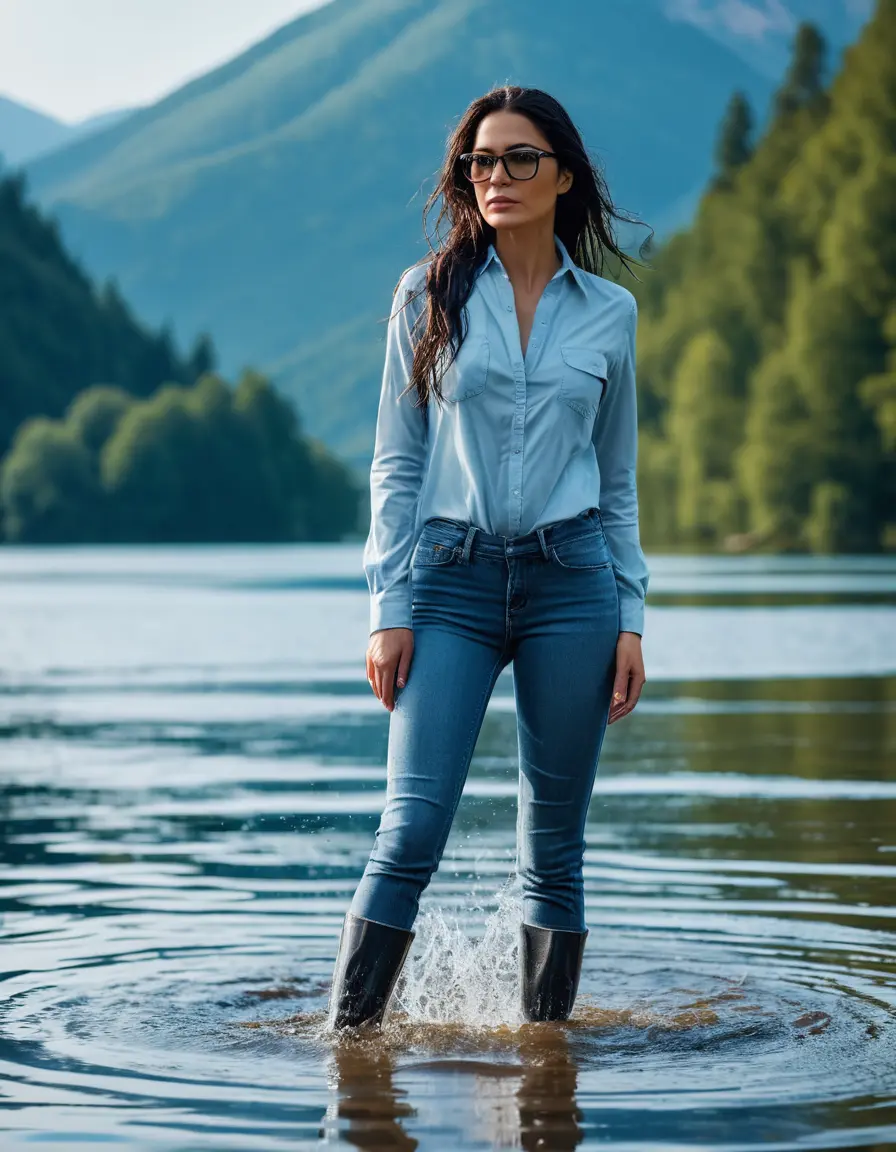 photo of young woman, in soaking wet, drenched clothes,
Stilletto heels, long light blue tight jeans, light blue jeans shirt with long sleeves over jeans, walking in Sunny Deep lake, 
enjoying, wet clothes stuck to body,
detailed textures of the wet clothes, wet face, wet plastered hair,
wet, drenched, professional, high-quality details, full body view.
sharp focus, ultra-high pixel detail, realistic, high-quality, full colors, incredibly detailed, 4k, 8k, 16k, hyper-realistic, RAW photo, masterpiece, ultra-detailed, professionally color graded, professional photograph, woman 51 years old, long black hair, very big and thick lips, office light glasses, complete body