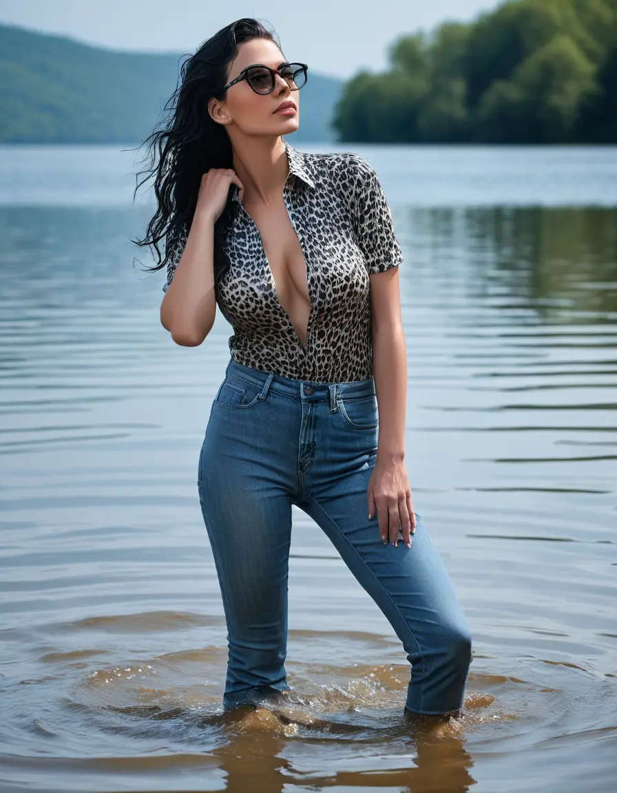 photo of young woman, in soaking wet, drenched clothes,
Stilletto heels, long light blue tight jeans, leopard printed top with short sleeves , kissing in Sunny Deep lake, 
enjoying, wet clothes stuck to body,
detailed textures of the wet clothes, wet face, wet plastered hair,
wet, drenched, professional, high-quality details, full body view.
sharp focus, ultra-high pixel detail, realistic, high-quality, full colors, incredibly detailed, 4k, 8k, 16k, hyper-realistic, RAW photo, masterpiece, ultra-detailed, professionally color graded, professional photograph, two women 51 years old, medium black hair, very big and thick lips, office light glasses, complete body