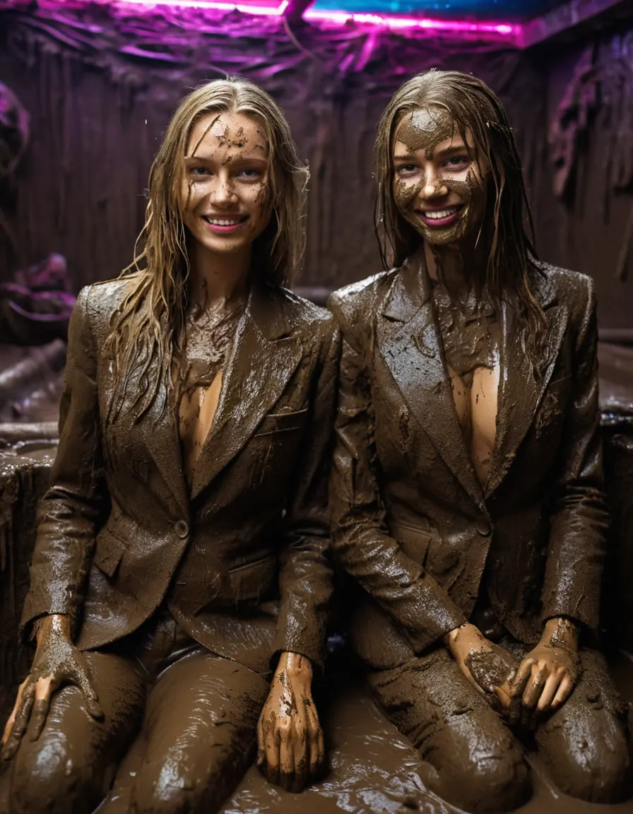 photo of young woman, in soaking wet, drenched clothes,
, Long very muddy suit pants, Full muddy ruined fully-opened blazer like a fancy uniform over topless with too large cleavage and exposed big boobs., Muddy party in a dark muddy indoor disco club. Mud splashed walls, very dark mood lighting with pink and blue neon lights. Muddy furnitures and mud-covered chairs and sofas in the background., 
enjoying, wet clothes stuck to body,
detailed textures of the wet clothes, wet face, wet plastered hair,
wet, drenched, professional, high-quality details, full body view.
sharp focus, ultra-high pixel detail, realistic, high-quality, full colors, incredibly detailed, 4k, 8k, 16k, hyper-realistic, RAW photo, masterpiece, ultra-detailed, professionally color graded, professional photograph, Two young pretty cute innocent blonde teen 16 years old beautiful girls are sitting submerged in a deep muddy hot tub after a full dip in it while they are hugging each other. Their waists are below the mud level. They are wearing their fully and heavily mud-covered opened suits with too large and wide cleavages. Thick mud on their blazers. Every small details of the clothes are muddy, muddy faces, muddy chests and boobs. Their blazer has the same colour as their muddy pants. They are proudly wearing their expensive open blazers and flaunting their large cleavages. The classy elegant disco club is totally destroyed by mud, mud spots everywhere, mud flows down on the walls, mud on the furnitures in the background. Straight very long open wavy hairstyle, muddy hair, smiling and beautiful muddy faces, blue eyes, earrings, lipstick. The girls are enjoying to being total muddy in the muddy hot tub, being sexy, naughty while they are enjoying the muddy fetish party. Realistic muddy boobs and photorealistic detailed smiling facial expressions. Intimate close-up picture about the girls. Close-up photo, highly realistic representation, ultra sharp focus, highly photorealistic detailed textures, highly photorealistic detailed facial features and expressions, highly photorealistic hands, highly emotional reactions, highly best quality, highly sharp photorealistic image, highly photorealistic details, full UHD resolution, 32 K, very high level of detail and image sharpness, zoomed in