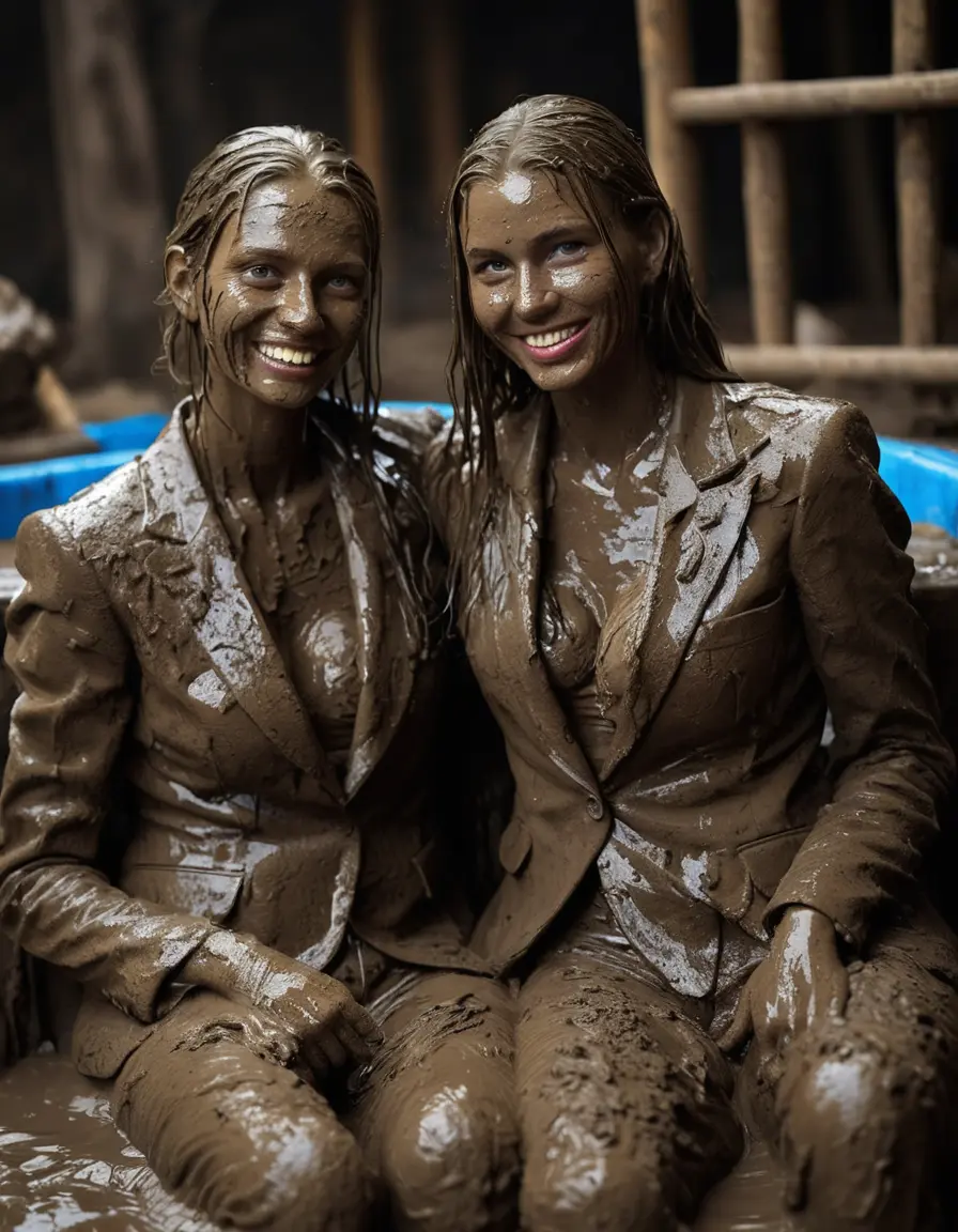 photo of young woman, in soaking wet, drenched clothes,
, Long very muddy suit pants, Full muddy ruined fully-opened unbuttoned blazer like a fancy uniform over topless with too large cleavage and exposed big boobs., Muddy party in a dark muddy indoor disco club. Mud splashed walls, very dark mood lighting with pink and blue neon lights. Muddy furnitures and mud-covered chairs and sofas in the background., 
enjoying, wet clothes stuck to body,
detailed textures of the wet clothes, wet face, wet plastered hair,
wet, drenched, professional, high-quality details, full body view.
sharp focus, ultra-high pixel detail, realistic, high-quality, full colors, incredibly detailed, 4k, 8k, 16k, hyper-realistic, RAW photo, masterpiece, ultra-detailed, professionally color graded, professional photograph, Two young-looking pretty cute innocent blonde teen 16 years old beautiful girls are sitting submerged in a deep muddy hot tub after a full dip in it while they are hugging each other. Their waists are below the mud level. They are wearing their fully and heavily mud-covered opened suits with too large and wide cleavages. Thick mud on their blazers. Every small details of the clothes are muddy, muddy faces, muddy chests and boobs. Their blazer has the same colour as their muddy pants. They are proudly wearing their expensive open blazers and flaunting their large cleavages. The classy elegant disco club is totally destroyed by mud, mud spots everywhere, mud flows down on the walls, mud on the furnitures in the background. Straight very long open wavy hairstyle, muddy hair, smiling and beautiful muddy childish faces, blue eyes, earrings, lipstick. The girls are enjoying to being total muddy in the muddy hot tub, being sexy, naughty while they are enjoying the muddy fetish party. Realistic muddy boobs and photorealistic detailed smiling facial expressions. Intimate close-up picture about the girls. Close-up photo, highly realistic representation, ultra sharp focus, highly photorealistic detailed textures, highly photorealistic detailed facial features and expressions, highly photorealistic hands, highly emotional reactions, highly best quality, highly sharp photorealistic image, highly photorealistic details, full UHD resolution, 32 K, very high level of detail and image sharpness, zoomed in