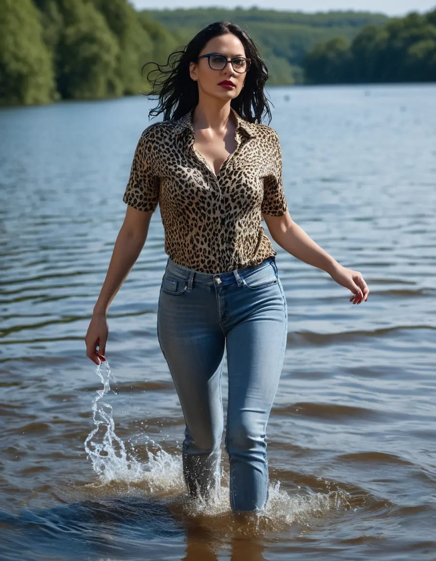 photo of young woman, in soaking wet, drenched clothes,
Stilletto heels, long light blue tight jeans, leopard printed top with short sleeves , walking in Sunny Deep lake, 
enjoying, wet clothes stuck to body,
detailed textures of the wet clothes, wet face, wet plastered hair,
wet, drenched, professional, high-quality details, full body view.
sharp focus, ultra-high pixel detail, realistic, high-quality, full colors, incredibly detailed, 4k, 8k, 16k, hyper-realistic, RAW photo, masterpiece, ultra-detailed, professionally color graded, professional photograph, woman 51 years old, medium black hair, very big and thick lips, office light glasses, complete body