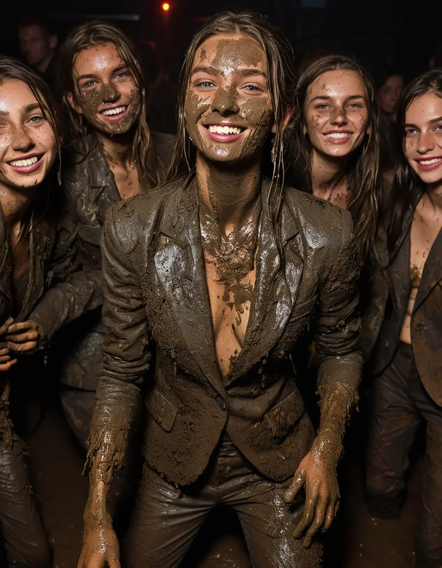 photo of young woman, in soaking wet, drenched clothes,
Muddy high heels, Long very muddy suit pants, Full muddy ruined fully-opened unbuttoned blazer like a fancy uniform over topless exposed small boobs., Dark muddy indoor disco club at night with a mud-filled deep pool on the dance floor. Mud splashed walls, very dark mood lighting with pink and blue neon lights from above. Muddy chairs and sofas in the background., 
enjoying, wet clothes stuck to body,
detailed textures of the wet clothes, wet face, wet plastered hair,
wet, drenched, professional, high-quality details, full body view.
sharp focus, ultra-high pixel detail, realistic, high-quality, full colors, incredibly detailed, 4k, 8k, 16k, hyper-realistic, RAW photo, masterpiece, ultra-detailed, professionally color graded, professional photograph, Two very young-looking pretty cute innocent blonde teen 18 years old beautiful girls are dancing together in a crowded knee-deep muddy pool after a full dip during the crazy muddy indoor disco party at night and splashing each other with liquid mud. Their knees are below the mud level. They are proudly wearing their fully and heavily mud-covered unbuttoned and opened suits over their muddy topless small boobs. Thick mud on their blazers and pants. Every small details of the clothes are muddy, muddy beautiful faces, muddy chests and boobs. Their blazer has the same colour as their muddy pants. There are small group of similar muddy clubbing teen girls in the near background. The classy elegant disco club is totally destroyed by mud, mud spots everywhere, mud flows down on the walls, mud on the furnitures in the background. Straight very long open wavy hairstyle, muddy hair, smiling and beautiful muddy faces, blue eyes, earrings, lipstick. The girls are enjoying to being total muddy in the muddy pool, being sexy, naughty while they are enjoying the muddy fetish party. Realistic muddy boobs and photorealistic detailed smiling facial expressions. Intimate close-up picture about the girls. Close-up photo, highly realistic representation, ultra sharp focus, highly photorealistic detailed textures, highly photorealistic detailed facial features and expressions, highly photorealistic hands, highly emotional reactions, highly best quality, highly sharp photorealistic image, highly photorealistic details, full UHD resolution, 32 K, very high level of detail and image sharpness, zoomed in