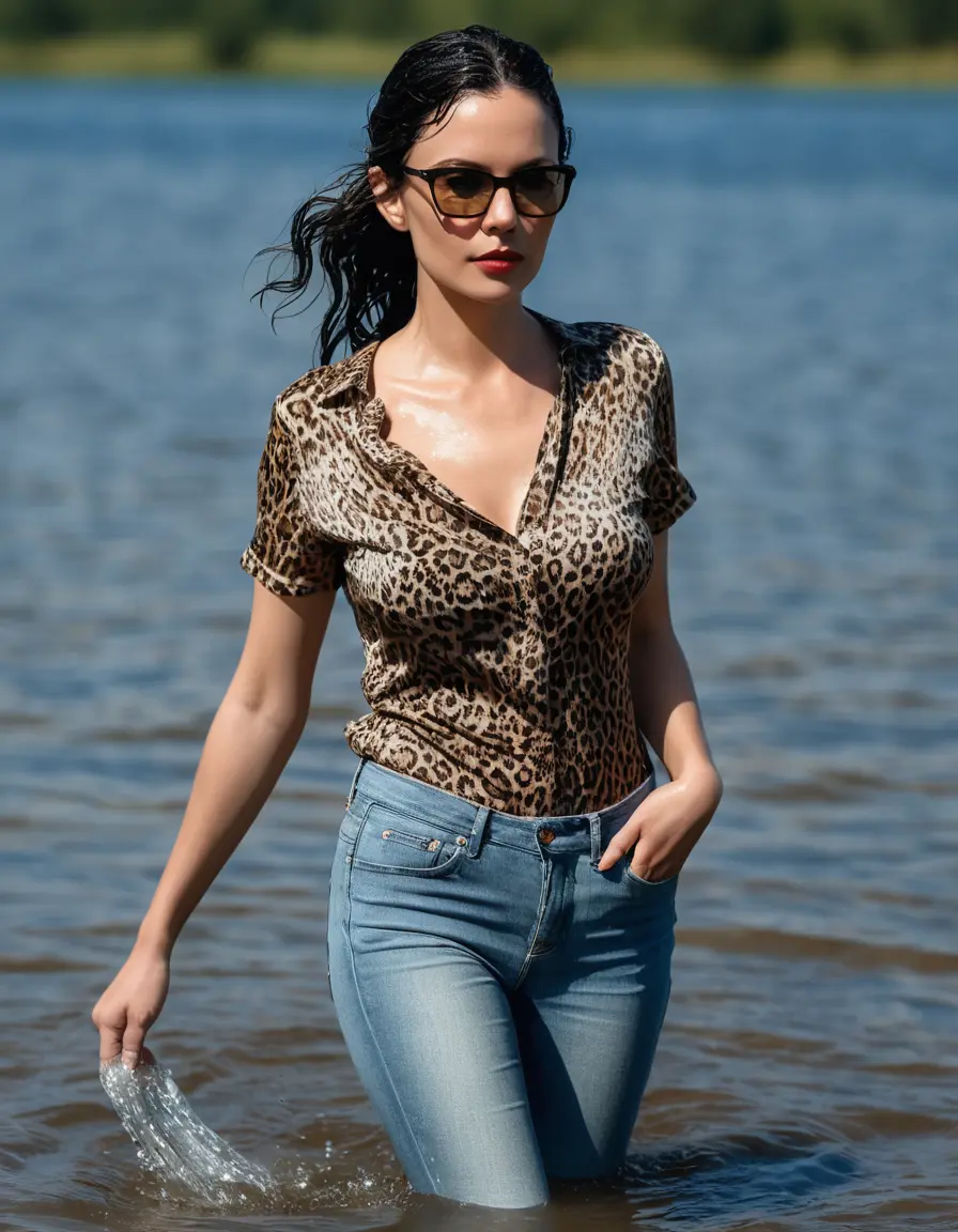 photo of young woman, in soaking wet, drenched clothes,
Stilletto heels, long light blue tight jeans, leopard printed top with short sleeves , walking in Sunny Deep lake, 
enjoying, wet clothes stuck to body,
detailed textures of the wet clothes, wet face, wet plastered hair,
wet, drenched, professional, high-quality details, full body view.
sharp focus, ultra-high pixel detail, realistic, high-quality, full colors, incredibly detailed, 4k, 8k, 16k, hyper-realistic, RAW photo, masterpiece, ultra-detailed, professionally color graded, professional photograph, woman 51 years old, medium black hair, very big and thick lips, office light glasses, complete body