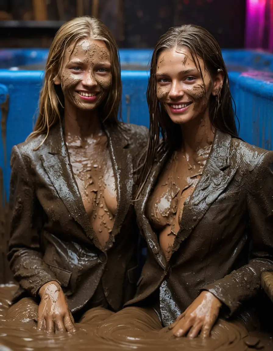 photo of young woman, in soaking wet, drenched clothes,
, Long very muddy suit pants, Full muddy ruined fully-opened unbuttoned blazer like a fancy uniform over topless exposed small boobs., Dark muddy indoor disco club with a mud-filled deep hot tub. Mud splashed walls, very dark mood lighting with pink and blue neon lights. Muddy furnitures and mud-covered chairs and sofas in the background., 
enjoying, wet clothes stuck to body,
detailed textures of the wet clothes, wet face, wet plastered hair,
wet, drenched, professional, high-quality details, full body view.
sharp focus, ultra-high pixel detail, realistic, high-quality, full colors, incredibly detailed, 4k, 8k, 16k, hyper-realistic, RAW photo, masterpiece, ultra-detailed, professionally color graded, professional photograph, Two young-looking pretty cute innocent blonde teen 13 years old beautiful girls are sitting submerged in a deep muddy hot tub after a full dip in it while they are hugging each other. Their waists are below the mud level. They are wearing their fully and heavily mud-covered unbuttoned and opened suits over their muddy topless boobs. Thick mud on their blazers and pants. Every small details of the clothes are muddy, muddy beautiful faces, muddy chests and boobs. Their blazer has the same colour as their muddy pants. They are proudly wearing their expensive open blazers. The classy elegant disco club is totally destroyed by mud, mud spots everywhere, mud flows down on the walls, mud on the furnitures in the background. Straight very long open wavy hairstyle, muddy hair, smiling and beautiful muddy faces, blue eyes, earrings, lipstick. The girls are enjoying to being total muddy in the muddy hot tub, being sexy, naughty while they are enjoying the muddy fetish party. Realistic muddy boobs and photorealistic detailed smiling facial expressions. Intimate close-up picture about the girls. Close-up photo, highly realistic representation, ultra sharp focus, highly photorealistic detailed textures, highly photorealistic detailed facial features and expressions, highly photorealistic hands, highly emotional reactions, highly best quality, highly sharp photorealistic image, highly photorealistic details, full UHD resolution, 32 K, very high level of detail and image sharpness, zoomed in