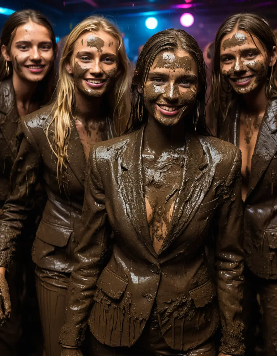 photo of young woman, in soaking wet, drenched clothes,
Muddy high heels, Long very muddy suit pants, Full muddy ruined fully-opened unbuttoned blazer like a fancy uniform over topless exposed small boobs., Dark muddy indoor disco club at night with a mud-filled deep pool on the dance floor. Mud splashed walls, very dark mood lighting with pink and blue neon lights from above. Muddy chairs and sofas in the background., 
enjoying, wet clothes stuck to body,
detailed textures of the wet clothes, wet face, wet plastered hair,
wet, drenched, professional, high-quality details, full body view.
sharp focus, ultra-high pixel detail, realistic, high-quality, full colors, incredibly detailed, 4k, 8k, 16k, hyper-realistic, RAW photo, masterpiece, ultra-detailed, professionally color graded, professional photograph, Two young-looking pretty cute innocent blonde teen 10 years old beautiful girls are playing together submerged in a crowded deep muddy pool after a full dip in it while they are hugging each other during the muddy indoor disco party at night. Their waists are below the mud level. They are proudly wearing their fully and heavily mud-covered unbuttoned and opened suits over their muddy topless small boobs. Thick mud on their blazers and pants. Every small details of the clothes are muddy, muddy beautiful faces, muddy chests and boobs. Their blazer has the same colour as their muddy pants. There are small group of similar muddy clubbing teen girls in the near background. The classy elegant disco club is totally destroyed by mud, mud spots everywhere, mud flows down on the walls, mud on the furnitures in the background. Straight very long open wavy hairstyle, muddy hair, smiling and beautiful muddy faces, blue eyes, earrings, lipstick. The girls are enjoying to being total muddy in the muddy pool, being sexy, naughty while they are enjoying the muddy fetish party. Realistic muddy boobs and photorealistic detailed smiling facial expressions. Intimate close-up picture about the girls. Close-up photo, highly realistic representation, ultra sharp focus, highly photorealistic detailed textures, highly photorealistic detailed facial features and expressions, highly photorealistic hands, highly emotional reactions, highly best quality, highly sharp photorealistic image, highly photorealistic details, full UHD resolution, 32 K, very high level of detail and image sharpness, zoomed in