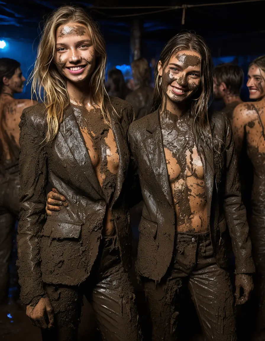 photo of young woman, in soaking wet, drenched clothes,
Muddy high heels, Long very muddy suit pants, Full muddy ruined fully-opened unbuttoned blazer like a fancy uniform over topless exposed small boobs., Dark muddy indoor disco club at night with a mud-filled deep pool on the dance floor. Mud splashed walls, very dark mood lighting with pink and blue neon lights from above. Muddy chairs and sofas in the background., 
enjoying, wet clothes stuck to body,
detailed textures of the wet clothes, wet face, wet plastered hair,
wet, drenched, professional, high-quality details, full body view.
sharp focus, ultra-high pixel detail, realistic, high-quality, full colors, incredibly detailed, 4k, 8k, 16k, hyper-realistic, RAW photo, masterpiece, ultra-detailed, professionally color graded, professional photograph, Two very young-looking pretty cute innocent blonde teen 18 years old beautiful girls are posing together in a crowded knee-deep muddy pool after a full dip during the crazy muddy indoor disco party at night for a professional photo. Their knees are below the mud level. They are proudly wearing their fully and heavily mud-covered unbuttoned and opened suits over their muddy topless small boobs. Thick mud on their blazers and pants. Every small details of the clothes are muddy, muddy beautiful faces, muddy chests and boobs. Their blazer has the same colour as their muddy pants. There are small group of similar muddy clubbing teen girls in the near background. The classy elegant disco club is totally destroyed by mud, mud spots everywhere, mud flows down on the walls, mud on the furnitures in the background. Straight very long open wavy hairstyle, muddy hair, smiling and beautiful muddy faces, blue eyes, earrings, lipstick. The girls are enjoying to being total muddy in the muddy pool, being sexy, naughty while they are enjoying the muddy fetish party. Realistic muddy boobs and photorealistic detailed smiling facial expressions. Intimate close-up picture about the girls. Close-up photo, highly realistic representation, ultra sharp focus, highly photorealistic detailed textures, highly photorealistic detailed facial features and expressions, highly photorealistic hands, highly emotional reactions, highly best quality, highly sharp photorealistic image, highly photorealistic details, full UHD resolution, 32 K, very high level of detail and image sharpness, zoomed in