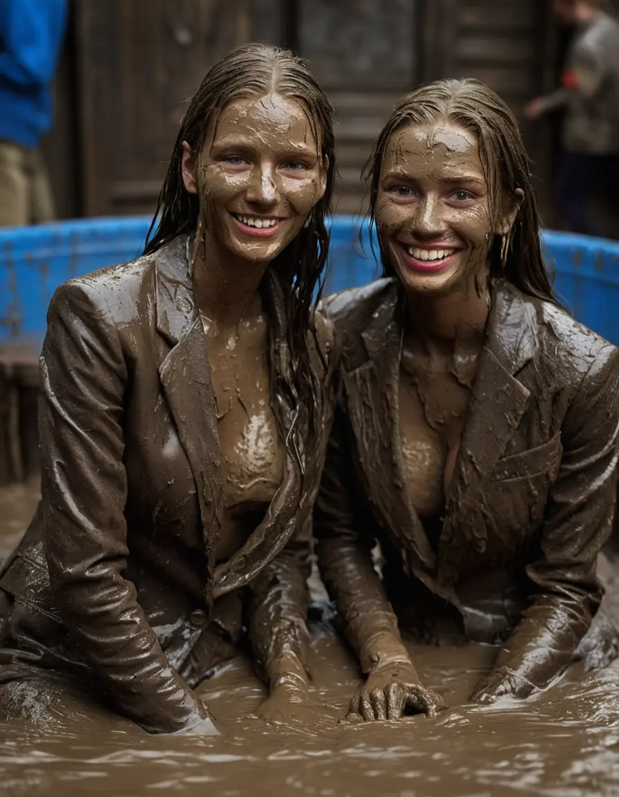 photo of young woman, in soaking wet, drenched clothes,
, Long very muddy suit pants, Full muddy ruined fully-opened unbuttoned blazer like a fancy uniform over topless with too large cleavage and exposed big boobs., Muddy party in a dark muddy indoor disco club. Mud splashed walls, very dark mood lighting with pink and blue neon lights. Muddy furnitures and mud-covered chairs and sofas in the background., 
enjoying, wet clothes stuck to body,
detailed textures of the wet clothes, wet face, wet plastered hair,
wet, drenched, professional, high-quality details, full body view.
sharp focus, ultra-high pixel detail, realistic, high-quality, full colors, incredibly detailed, 4k, 8k, 16k, hyper-realistic, RAW photo, masterpiece, ultra-detailed, professionally color graded, professional photograph, Two young-looking pretty cute innocent blonde teen 15 years old beautiful girls are sitting submerged in a deep muddy hot tub after a full dip in it while they are hugging each other. Their waists are below the mud level. They are wearing their fully and heavily mud-covered unbuttoned and opened suits over their muddy topless boobs. Thick mud on their blazers and pants. Every small details of the clothes are muddy, muddy beautiful faces, muddy chests and boobs. Their blazer has the same colour as their muddy pants. They are proudly wearing their expensive open blazers. The classy elegant disco club is totally destroyed by mud, mud spots everywhere, mud flows down on the walls, mud on the furnitures in the background. Straight very long open wavy hairstyle, muddy hair, smiling and beautiful muddy faces, blue eyes, earrings, lipstick. The girls are enjoying to being total muddy in the muddy hot tub, being sexy, naughty while they are enjoying the muddy fetish party. Realistic muddy boobs and photorealistic detailed smiling facial expressions. Intimate close-up picture about the girls. Close-up photo, highly realistic representation, ultra sharp focus, highly photorealistic detailed textures, highly photorealistic detailed facial features and expressions, highly photorealistic hands, highly emotional reactions, highly best quality, highly sharp photorealistic image, highly photorealistic details, full UHD resolution, 32 K, very high level of detail and image sharpness, zoomed in