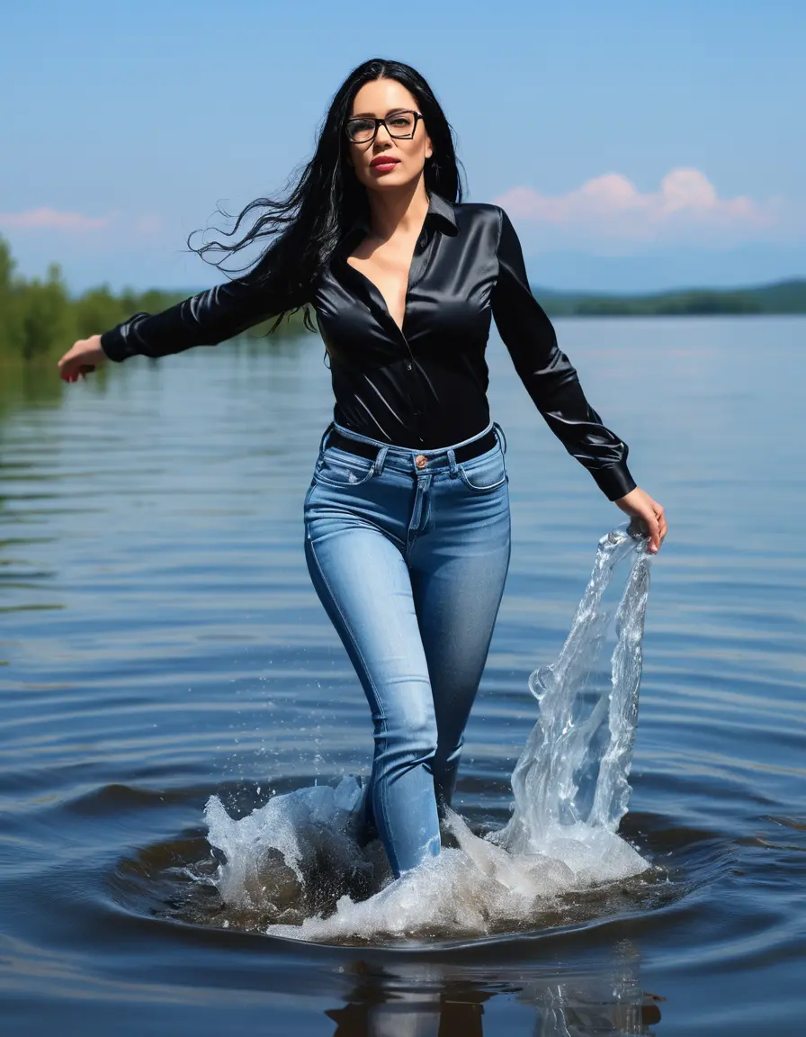 photo of young woman, in soaking wet, drenched clothes,
Stilletto heels, long light blue tight jeans, topless with black satin shirt with long sleeves, walking swimming complete submerged in Sunny Deep lake, 
enjoying, wet clothes stuck to body,
detailed textures of the wet clothes, wet face, wet plastered hair,
wet, drenched, professional, high-quality details, full body view.
sharp focus, ultra-high pixel detail, realistic, high-quality, full colors, incredibly detailed, 4k, 8k, 16k, hyper-realistic, RAW photo, masterpiece, ultra-detailed, professionally color graded, professional photograph, woman 51 years old, long black hair, very big and thick lips, office light glasses, complete body