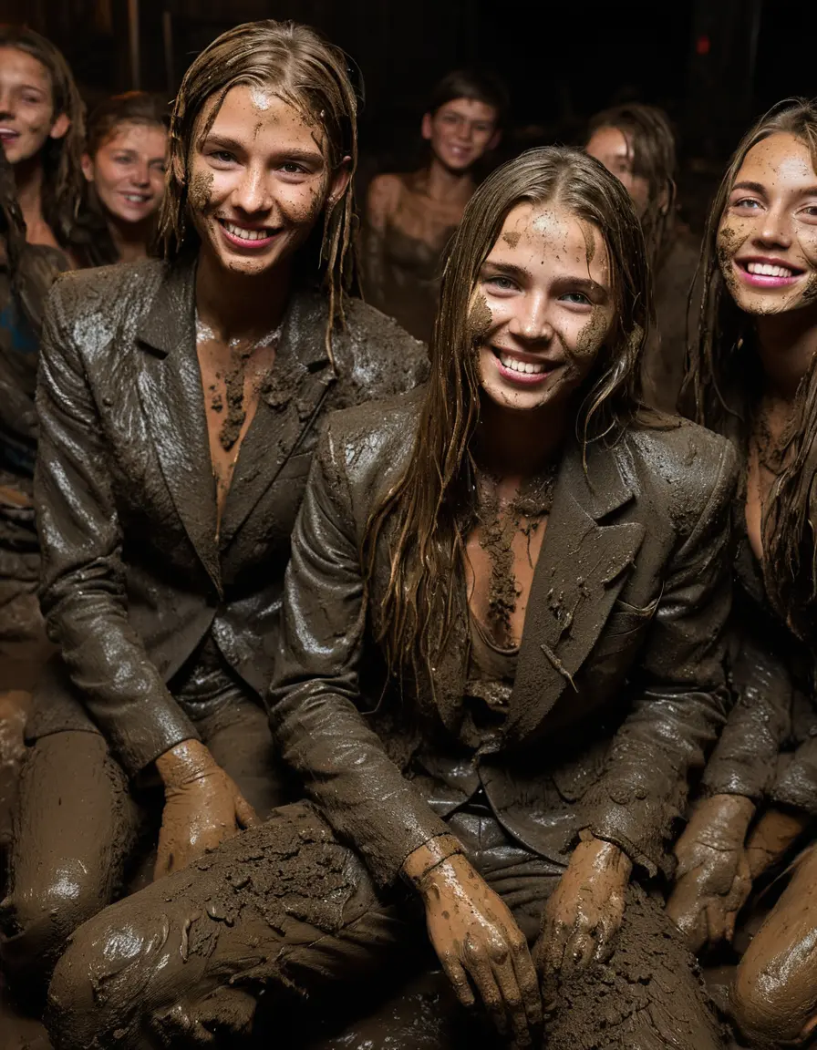 photo of young woman, in soaking wet, drenched clothes,
Muddy high heels, Long very muddy suit pants, Full muddy ruined fully-opened unbuttoned blazer like a fancy uniform over topless exposed small boobs., Dark muddy indoor disco club at night. Deep mud on the floor, mud splashed walls, dripping mud from above, very dark mood lighting with pink and blue neon lights from above. Muddy chairs and sofas in the background. , 
enjoying, wet clothes stuck to body,
detailed textures of the wet clothes, wet face, wet plastered hair,
wet, drenched, professional, high-quality details, full body view.
sharp focus, ultra-high pixel detail, realistic, high-quality, full colors, incredibly detailed, 4k, 8k, 16k, hyper-realistic, RAW photo, masterpiece, ultra-detailed, professionally color graded, professional photograph, Four very young-looking pretty cute innocent blonde teen 16 years old beautiful girls are sitting and relaxing together on a muddy couch after a full dip in mud pool during the crazy muddy indoor crowded disco party at night and posing for a professional photo. Hands on boobs. They are proudly wearing their fully and heavily mud-covered unbuttoned and opened suits over their exposed muddy topless small boobs. Thick mud on their blazers and pants. Every small details of the clothes are muddy, muddy beautiful faces, muddy chests and boobs. Their blazer has the same colour as their muddy pants. There are small group of similar muddy clubbing teen girls in the near background. The classy elegant disco club is totally destroyed by mud, mud spots everywhere, mud flows down on the walls, mud on the furnitures in the background. Straight very long open wavy hairstyle, muddy hair, smiling and beautiful muddy faces, blue eyes, earrings, lipstick. The girls are enjoying to being total muddy in the muddy pool, being sexy, naughty while they are enjoying the muddy fetish party. Realistic muddy boobs and photorealistic detailed smiling facial expressions. Intimate close-up picture about the girls. Close-up photo, highly realistic representation, ultra sharp focus, highly photorealistic detailed textures, highly photorealistic detailed facial features and expressions, highly photorealistic hands, highly emotional reactions, highly best quality, highly sharp photorealistic image, highly photorealistic details, full UHD resolution, 32 K, very high level of detail and image sharpness, zoomed in