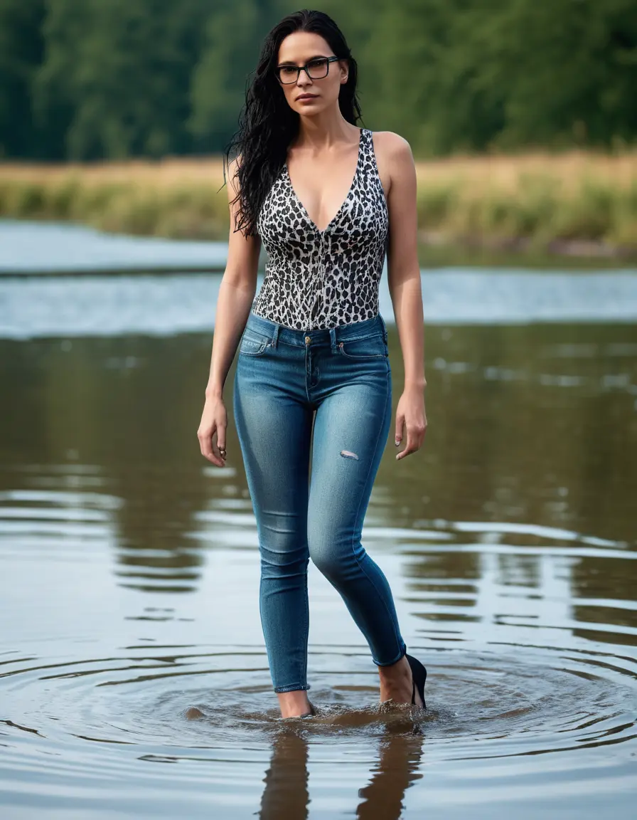 photo of young woman, in soaking wet, drenched clothes,
Stilletto heels, long light blue tight jeans, black and white leopard printed tank top, walking submerged in Sunny Deep lake, 
enjoying, wet clothes stuck to body,
detailed textures of the wet clothes, wet face, wet plastered hair,
wet, drenched, professional, high-quality details, full body view.
sharp focus, ultra-high pixel detail, realistic, high-quality, full colors, incredibly detailed, 4k, 8k, 16k, hyper-realistic, RAW photo, masterpiece, ultra-detailed, professionally color graded, professional photograph, woman 51 years old, long black hair, very big and thick lips, office light glasses, complete body