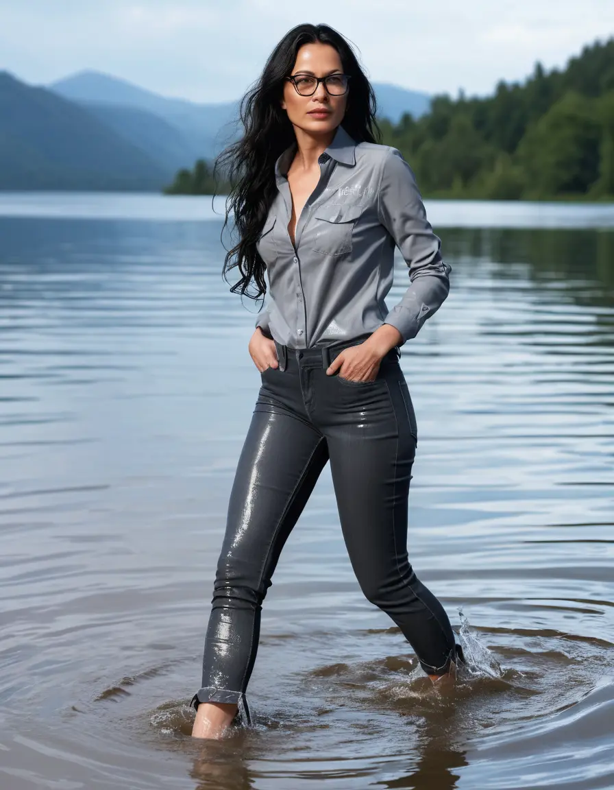 photo of young woman, in soaking wet, drenched clothes,
Stilletto heels, long gray tight jeans, gray  jeans shirt with long sleeves , walking in Sunny Deep lake, 
enjoying, wet clothes stuck to body,
detailed textures of the wet clothes, wet face, wet plastered hair,
wet, drenched, professional, high-quality details, full body view.
sharp focus, ultra-high pixel detail, realistic, high-quality, full colors, incredibly detailed, 4k, 8k, 16k, hyper-realistic, RAW photo, masterpiece, ultra-detailed, professionally color graded, professional photograph, woman 51 years old, long black hair, very big and thick lips, office light glasses, complete body
