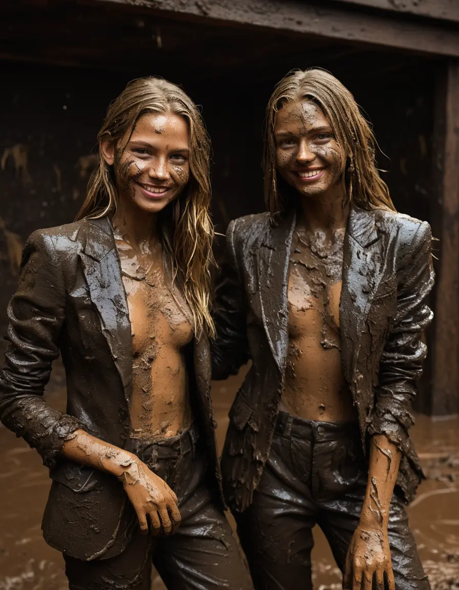 photo of young woman, in soaking wet, drenched clothes,
Muddy high heels, Long very muddy suit pants, Full muddy ruined fully-opened unbuttoned blazer like a fancy uniform over topless exposed small boobs., Dark muddy indoor disco club with a mud-filled deep pool on the dance floor. Mud splashed walls, very dark mood lighting with pink and blue neon lights. Muddy furnitures and mud-covered chairs and sofas in the background., 
enjoying, wet clothes stuck to body,
detailed textures of the wet clothes, wet face, wet plastered hair,
wet, drenched, professional, high-quality details, full body view.
sharp focus, ultra-high pixel detail, realistic, high-quality, full colors, incredibly detailed, 4k, 8k, 16k, hyper-realistic, RAW photo, masterpiece, ultra-detailed, professionally color graded, professional photograph, Two young-looking pretty cute innocent blonde teen 16 years old beautiful girls are playing together in a deep muddy pool after a full dip in it while they are hugging each other during the muddy indoor disco party. Their waists are below the mud level. They are proudly wearing their fully and heavily mud-covered unbuttoned and opened suits over their muddy topless small boobs. Thick mud on their blazers and pants. Every small details of the clothes are muddy, muddy beautiful faces, muddy chests and boobs. Their blazer has the same colour as their muddy pants. There are small group of similar muddy clubbing teen girls in the near background. The classy elegant disco club is totally destroyed by mud, mud spots everywhere, mud flows down on the walls, mud on the furnitures in the background. Straight very long open wavy hairstyle, muddy hair, smiling and beautiful muddy faces, blue eyes, earrings, lipstick. The girls are enjoying to being total muddy in the muddy pool, being sexy, naughty while they are enjoying the muddy fetish party. Realistic muddy boobs and photorealistic detailed smiling facial expressions. Intimate close-up picture about the girls. Close-up photo, highly realistic representation, ultra sharp focus, highly photorealistic detailed textures, highly photorealistic detailed facial features and expressions, highly photorealistic hands, highly emotional reactions, highly best quality, highly sharp photorealistic image, highly photorealistic details, full UHD resolution, 32 K, very high level of detail and image sharpness, zoomed in