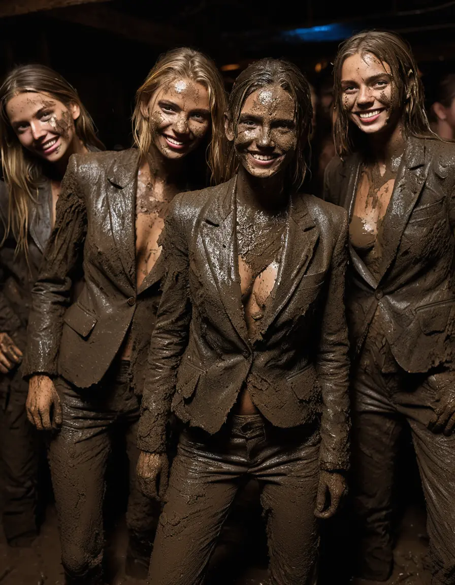 photo of young woman, in soaking wet, drenched clothes,
Muddy high heels, Long very muddy suit pants, Full muddy ruined fully-opened unbuttoned blazer like a fancy uniform over topless exposed small boobs., Dark muddy indoor disco club at night with a mud-filled deep pool on the dance floor. Mud splashed walls, very dark mood lighting with pink and blue neon lights from above. Muddy chairs and sofas in the background., 
enjoying, wet clothes stuck to body,
detailed textures of the wet clothes, wet face, wet plastered hair,
wet, drenched, professional, high-quality details, full body view.
sharp focus, ultra-high pixel detail, realistic, high-quality, full colors, incredibly detailed, 4k, 8k, 16k, hyper-realistic, RAW photo, masterpiece, ultra-detailed, professionally color graded, professional photograph, Two very young-looking pretty cute innocent blonde teen 14 years old beautiful girls are posing erotically together in a crowded knee-deep muddy pool after a full dip during the crazy muddy indoor disco party at night for a professional photo. Their knees are below the mud level. They are proudly wearing their fully and heavily mud-covered unbuttoned and opened suits over their muddy topless small boobs. Thick mud on their blazers and pants. Every small details of the clothes are muddy, muddy beautiful faces, muddy chests and boobs. Their blazer has the same colour as their muddy pants. There are small group of similar muddy clubbing teen girls in the near background. The classy elegant disco club is totally destroyed by mud, mud spots everywhere, mud flows down on the walls, mud on the furnitures in the background. Straight very long open wavy hairstyle, muddy hair, smiling and beautiful muddy faces, blue eyes, earrings, lipstick. The girls are enjoying to being total muddy in the muddy pool, being sexy, naughty while they are enjoying the muddy fetish party. Realistic muddy boobs and photorealistic detailed smiling facial expressions. Intimate close-up picture about the girls. Close-up photo, highly realistic representation, ultra sharp focus, highly photorealistic detailed textures, highly photorealistic detailed facial features and expressions, highly photorealistic hands, highly emotional reactions, highly best quality, highly sharp photorealistic image, highly photorealistic details, full UHD resolution, 32 K, very high level of detail and image sharpness, zoomed in