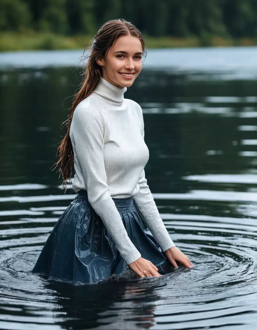 photo of young woman, in soaking wet, drenched clothes,
long denim skirt, white turtleneck sweater, swimming in a lake, 
enjoying, wet clothes stuck to body,
detailed textures of the wet clothes, wet face, wet plastered hair,
wet, drenched, professional, high-quality details, full body view.
sharp focus, ultra-high pixel detail, realistic, high-quality, full colors, incredibly detailed, 4k, 8k, 16k, hyper-realistic, RAW photo, masterpiece, ultra-detailed, professionally color graded, professional photograph, long brown hair, smiling