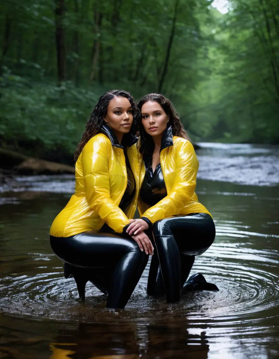 photo of young woman, in soaking wet, drenched clothes,
high heels, leather leggings, yellow transparent t-shirt, black wet shiny pvc puffer jacket, two woman undressing each other, sitting in a forest river at night., 
enjoying, wet clothes stuck to body,
detailed textures of the wet clothes, wet face, wet plastered hair,
wet, drenched, professional, high-quality details, full body view.
sharp focus, ultra-high pixel detail, realistic, high-quality, full colors, incredibly detailed, 4k, 8k, 16k, hyper-realistic, RAW photo, masterpiece, ultra-detailed, professionally color graded, professional photograph, 65 years old fat black mature, big boobs