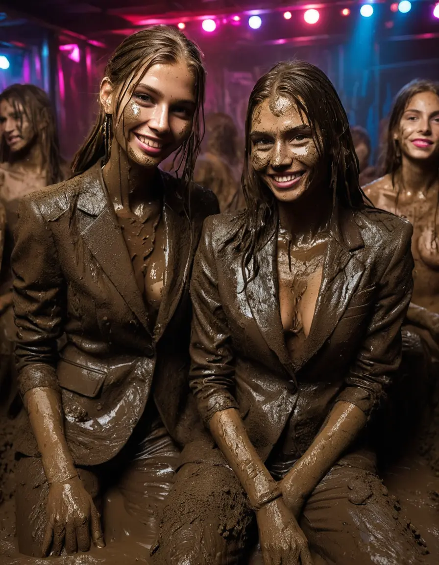 photo of young woman, in soaking wet, drenched clothes,
Muddy high heels, Long very muddy suit pants, Full muddy ruined fully-opened unbuttoned blazer like a fancy uniform over topless exposed small boobs., Dark muddy indoor disco club at night. Deep mud on the floor, mud splashed walls, dripping mud from above, very dark mood lighting with pink and blue neon lights from above. Muddy chairs and sofas in the background. , 
enjoying, wet clothes stuck to body,
detailed textures of the wet clothes, wet face, wet plastered hair,
wet, drenched, professional, high-quality details, full body view.
sharp focus, ultra-high pixel detail, realistic, high-quality, full colors, incredibly detailed, 4k, 8k, 16k, hyper-realistic, RAW photo, masterpiece, ultra-detailed, professionally color graded, professional photograph, Four very young-looking pretty cute innocent blonde teen 16 years old beautiful girls are sitting and relaxing together on a muddy couch after a full dip in mud pool during the crazy muddy indoor crowded disco party at night and posing for a professional photo. Touching each other's boobs. They are proudly wearing their fully and heavily mud-covered unbuttoned and opened suits over their exposed muddy topless small boobs. Thick mud on their blazers and pants. Every small details of the clothes are muddy, muddy beautiful faces, muddy chests and boobs. Their blazer has the same colour as their muddy pants. There are small group of similar muddy clubbing teen girls in the near background. The classy elegant disco club is totally destroyed by mud, mud spots everywhere, mud flows down on the walls, mud on the furnitures in the background. Straight very long open wavy hairstyle, muddy hair, smiling and beautiful muddy faces, blue eyes, earrings, lipstick. The girls are enjoying to being total muddy in the muddy pool, being sexy, naughty while they are enjoying the muddy fetish party. Realistic muddy boobs and photorealistic detailed smiling facial expressions. Intimate close-up picture about the girls. Close-up photo, highly realistic representation, ultra sharp focus, highly photorealistic detailed textures, highly photorealistic detailed facial features and expressions, highly photorealistic hands, highly emotional reactions, highly best quality, highly sharp photorealistic image, highly photorealistic details, full UHD resolution, 32 K, very high level of detail and image sharpness, zoomed in
