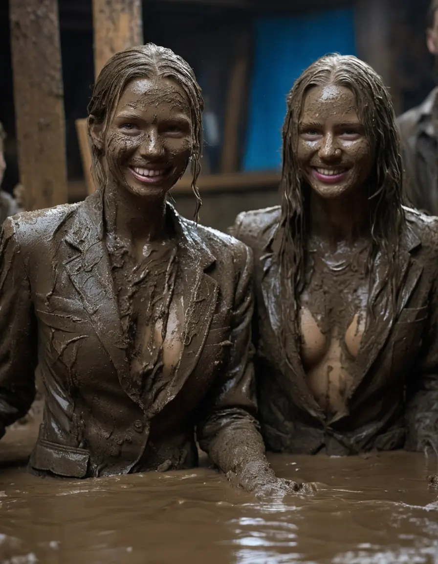 photo of young woman, in soaking wet, drenched clothes,
, Long very muddy suit pants, Full muddy ruined fully-opened unbuttoned blazer like a fancy uniform over topless with too large cleavage and exposed big boobs., Muddy party in a dark muddy indoor disco club. Mud splashed walls, very dark mood lighting with pink and blue neon lights. Muddy furnitures and mud-covered chairs and sofas in the background., 
enjoying, wet clothes stuck to body,
detailed textures of the wet clothes, wet face, wet plastered hair,
wet, drenched, professional, high-quality details, full body view.
sharp focus, ultra-high pixel detail, realistic, high-quality, full colors, incredibly detailed, 4k, 8k, 16k, hyper-realistic, RAW photo, masterpiece, ultra-detailed, professionally color graded, professional photograph, Two young-looking pretty cute innocent blonde teen 15 years old beautiful girls are sitting submerged in a deep muddy hot tub after a full dip in it while they are hugging each other. Their waists are below the mud level. They are wearing their fully and heavily mud-covered unbuttoned and opened suits over their muddy topless boobs. Thick mud on their blazers and pants. Every small details of the clothes are muddy, muddy beautiful faces, muddy chests and boobs. Their blazer has the same colour as their muddy pants. They are proudly wearing their expensive open blazers. The classy elegant disco club is totally destroyed by mud, mud spots everywhere, mud flows down on the walls, mud on the furnitures in the background. Straight very long open wavy hairstyle, muddy hair, smiling and beautiful muddy faces, blue eyes, earrings, lipstick. The girls are enjoying to being total muddy in the muddy hot tub, being sexy, naughty while they are enjoying the muddy fetish party. Realistic muddy boobs and photorealistic detailed smiling facial expressions. Intimate close-up picture about the girls. Close-up photo, highly realistic representation, ultra sharp focus, highly photorealistic detailed textures, highly photorealistic detailed facial features and expressions, highly photorealistic hands, highly emotional reactions, highly best quality, highly sharp photorealistic image, highly photorealistic details, full UHD resolution, 32 K, very high level of detail and image sharpness, zoomed in