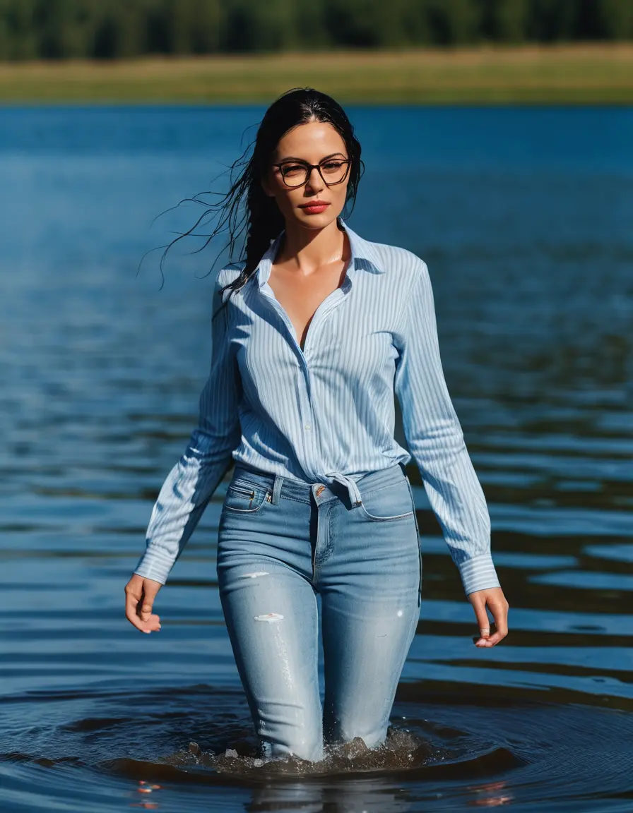 photo of young woman, in soaking wet, drenched clothes,
Stilletto heels, long light blue striped tight jeans, light blue jeans shirt with longvsleeves , walking in Sunny Deep lake, 
enjoying, wet clothes stuck to body,
detailed textures of the wet clothes, wet face, wet plastered hair,
wet, drenched, professional, high-quality details, full body view.
sharp focus, ultra-high pixel detail, realistic, high-quality, full colors, incredibly detailed, 4k, 8k, 16k, hyper-realistic, RAW photo, masterpiece, ultra-detailed, professionally color graded, professional photograph, woman 51 years old, long black hair, very big and thick lips, office light glasses, complete body