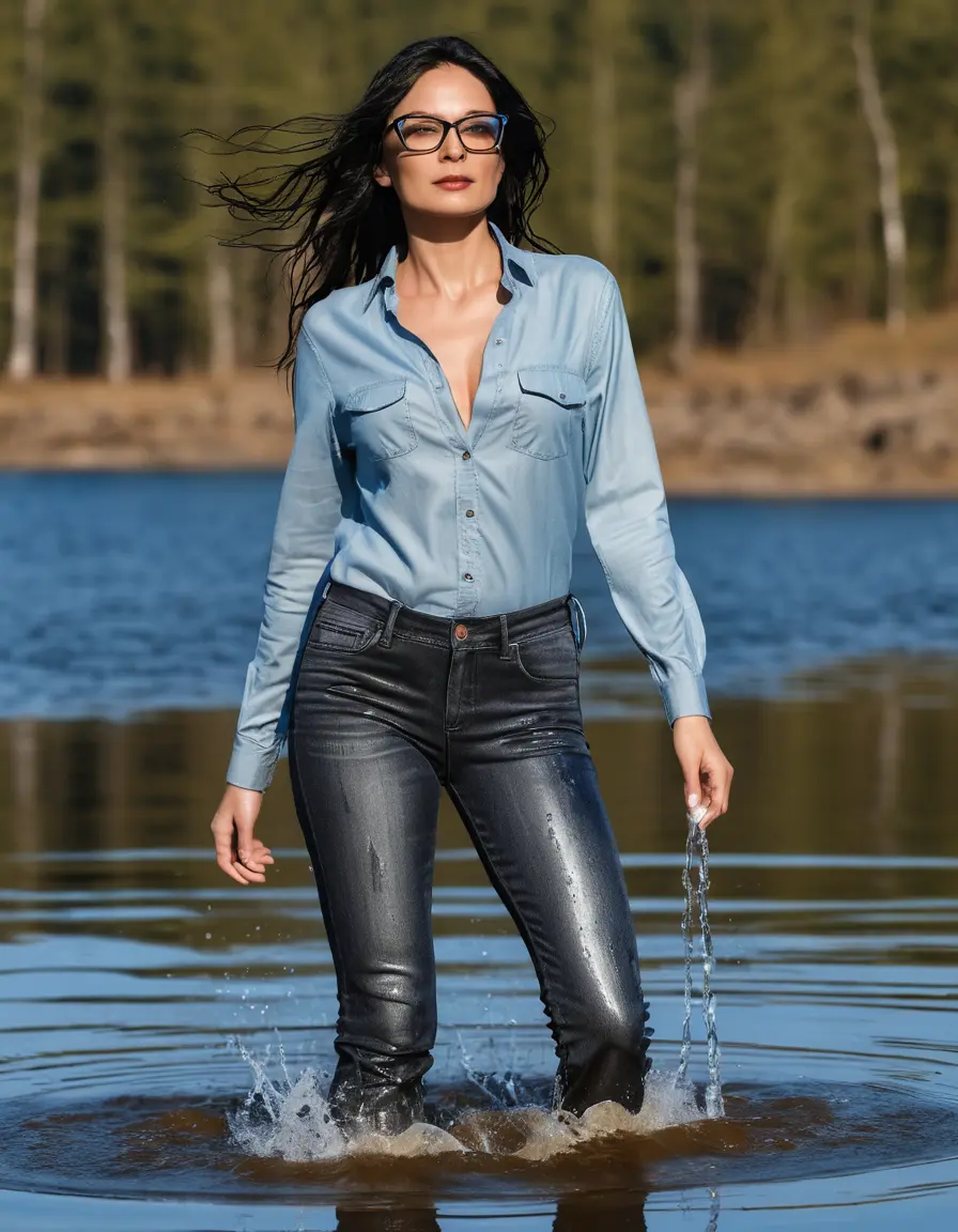 photo of young woman, in soaking wet, drenched clothes,
Stilletto heels, long gray tight jeans, light blue jeans shirt with longvsleeves , walking in Sunny Deep lake, 
enjoying, wet clothes stuck to body,
detailed textures of the wet clothes, wet face, wet plastered hair,
wet, drenched, professional, high-quality details, full body view.
sharp focus, ultra-high pixel detail, realistic, high-quality, full colors, incredibly detailed, 4k, 8k, 16k, hyper-realistic, RAW photo, masterpiece, ultra-detailed, professionally color graded, professional photograph, woman 51 years old, medium black hair, very big and thick lips, office light glasses, complete body