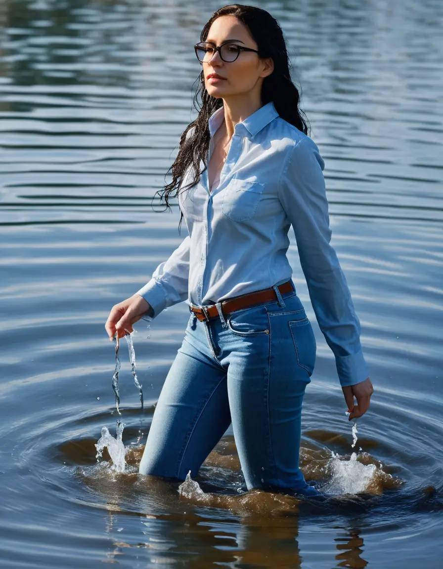 photo of young woman, in soaking wet, drenched clothes,
Stilletto heels, long light blue tight jeans, light blue jeans shirt with long sleeves over jeans, walking submerged in Sunny Deep lake, 
enjoying, wet clothes stuck to body,
detailed textures of the wet clothes, wet face, wet plastered hair,
wet, drenched, professional, high-quality details, full body view.
sharp focus, ultra-high pixel detail, realistic, high-quality, full colors, incredibly detailed, 4k, 8k, 16k, hyper-realistic, RAW photo, masterpiece, ultra-detailed, professionally color graded, professional photograph, woman 51 years old, long black hair, very big and thick lips, office light glasses, complete body