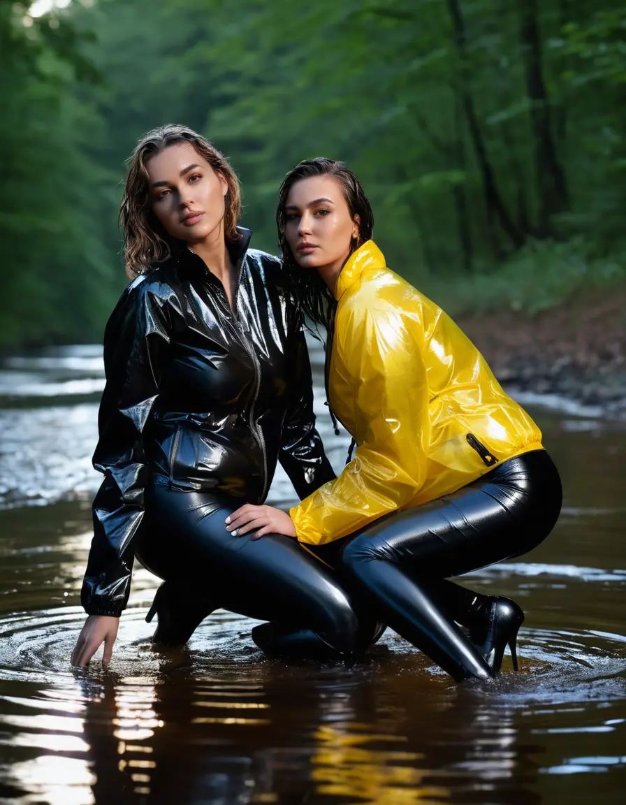 photo of young woman, in soaking wet, drenched clothes,
high heels, leather leggings, yellow transparent t-shirt, black wet shiny pvc puffer jacket, two woman undressing each other, sitting in a forest river at night., 
enjoying, wet clothes stuck to body,
detailed textures of the wet clothes, wet face, wet plastered hair,
wet, drenched, professional, high-quality details, full body view.
sharp focus, ultra-high pixel detail, realistic, high-quality, full colors, incredibly detailed, 4k, 8k, 16k, hyper-realistic, RAW photo, masterpiece, ultra-detailed, professionally color graded, professional photograph, 65 years old fat black mature, big boobs