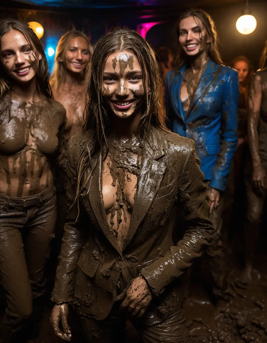 photo of young woman, in soaking wet, drenched clothes,
Muddy high heels, Long very muddy suit pants, Full muddy ruined fully-opened unbuttoned blazer like a fancy uniform over topless exposed small boobs., Dark muddy indoor disco club at night with a mud-filled deep pool on the dance floor. Mud splashed walls, very dark mood lighting with pink and blue neon lights from above. Muddy chairs and sofas in the background., 
enjoying, wet clothes stuck to body,
detailed textures of the wet clothes, wet face, wet plastered hair,
wet, drenched, professional, high-quality details, full body view.
sharp focus, ultra-high pixel detail, realistic, high-quality, full colors, incredibly detailed, 4k, 8k, 16k, hyper-realistic, RAW photo, masterpiece, ultra-detailed, professionally color graded, professional photograph, Two young-looking pretty cute innocent blonde teen 10 years old beautiful girls are playing together submerged in a crowded deep muddy pool after a full dip in it while they are hugging each other during the muddy indoor disco party at night. Their waists are below the mud level. They are proudly wearing their fully and heavily mud-covered unbuttoned and opened suits over their muddy topless small boobs. Thick mud on their blazers and pants. Every small details of the clothes are muddy, muddy beautiful faces, muddy chests and boobs. Their blazer has the same colour as their muddy pants. There are small group of similar muddy clubbing teen girls in the near background. The classy elegant disco club is totally destroyed by mud, mud spots everywhere, mud flows down on the walls, mud on the furnitures in the background. Straight very long open wavy hairstyle, muddy hair, smiling and beautiful muddy faces, blue eyes, earrings, lipstick. The girls are enjoying to being total muddy in the muddy pool, being sexy, naughty while they are enjoying the muddy fetish party. Realistic muddy boobs and photorealistic detailed smiling facial expressions. Intimate close-up picture about the girls. Close-up photo, highly realistic representation, ultra sharp focus, highly photorealistic detailed textures, highly photorealistic detailed facial features and expressions, highly photorealistic hands, highly emotional reactions, highly best quality, highly sharp photorealistic image, highly photorealistic details, full UHD resolution, 32 K, very high level of detail and image sharpness, zoomed in
