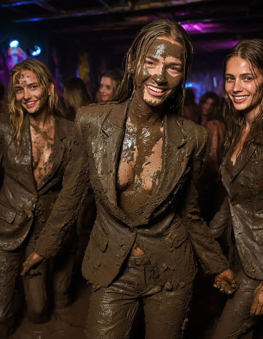 photo of young woman, in soaking wet, drenched clothes,
Muddy high heels, Long very muddy suit pants, Full muddy ruined fully-opened unbuttoned blazer like a fancy uniform over topless exposed small boobs., Dark muddy indoor disco club at night with a mud-filled deep pool on the dance floor. Mud splashed walls, very dark mood lighting with pink and blue neon lights from above. Muddy chairs and sofas in the background., 
enjoying, wet clothes stuck to body,
detailed textures of the wet clothes, wet face, wet plastered hair,
wet, drenched, professional, high-quality details, full body view.
sharp focus, ultra-high pixel detail, realistic, high-quality, full colors, incredibly detailed, 4k, 8k, 16k, hyper-realistic, RAW photo, masterpiece, ultra-detailed, professionally color graded, professional photograph, Two very young-looking pretty cute innocent blonde teen 18 years old beautiful girls are dancing together in a crowded knee-deep muddy pool after a full dip during the crazy muddy indoor disco party at night and splashing each other with liquid mud. Their knees are below the mud level. They are proudly wearing their fully and heavily mud-covered unbuttoned and opened suits over their muddy topless small boobs. Thick mud on their blazers and pants. Every small details of the clothes are muddy, muddy beautiful faces, muddy chests and boobs. Their blazer has the same colour as their muddy pants. There are small group of similar muddy clubbing teen girls in the near background. The classy elegant disco club is totally destroyed by mud, mud spots everywhere, mud flows down on the walls, mud on the furnitures in the background. Straight very long open wavy hairstyle, muddy hair, smiling and beautiful muddy faces, blue eyes, earrings, lipstick. The girls are enjoying to being total muddy in the muddy pool, being sexy, naughty while they are enjoying the muddy fetish party. Realistic muddy boobs and photorealistic detailed smiling facial expressions. Intimate close-up picture about the girls. Close-up photo, highly realistic representation, ultra sharp focus, highly photorealistic detailed textures, highly photorealistic detailed facial features and expressions, highly photorealistic hands, highly emotional reactions, highly best quality, highly sharp photorealistic image, highly photorealistic details, full UHD resolution, 32 K, very high level of detail and image sharpness, zoomed in
