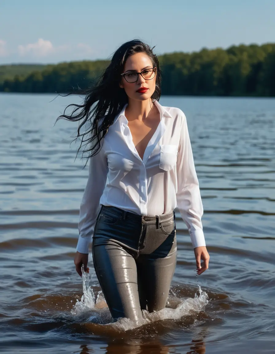 photo of young woman, in soaking wet, drenched clothes,
Stilletto heels, long gray tight jeans, white silk satin  shirt with long sleeves , walking in Sunny Deep lake, 
enjoying, wet clothes stuck to body,
detailed textures of the wet clothes, wet face, wet plastered hair,
wet, drenched, professional, high-quality details, full body view.
sharp focus, ultra-high pixel detail, realistic, high-quality, full colors, incredibly detailed, 4k, 8k, 16k, hyper-realistic, RAW photo, masterpiece, ultra-detailed, professionally color graded, professional photograph, woman 51 years old, long black hair, very big and thick lips, office light glasses, complete body