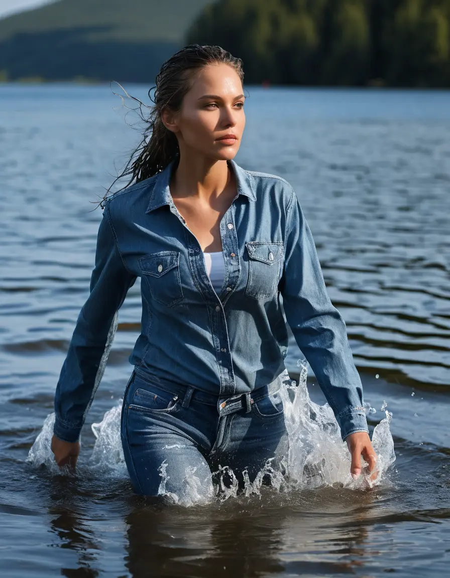photo of young woman, in soaking wet, drenched clothes,
sport shoes, long tight blue jeans, blue jeans shirt with long sleeves, walking in sunny deep lake, 
enjoying, wet clothes stuck to body,
detailed textures of the wet clothes, wet face, wet plastered hair,
wet, drenched, professional, high-quality details, full body view.
sharp focus, ultra-high pixel detail, realistic, high-quality, full colors, incredibly detailed, 4k, 8k, 16k, hyper-realistic, RAW photo, masterpiece, ultra-detailed, professionally color graded, professional photograph, mature woman, 51 years old, complete body, very big lips