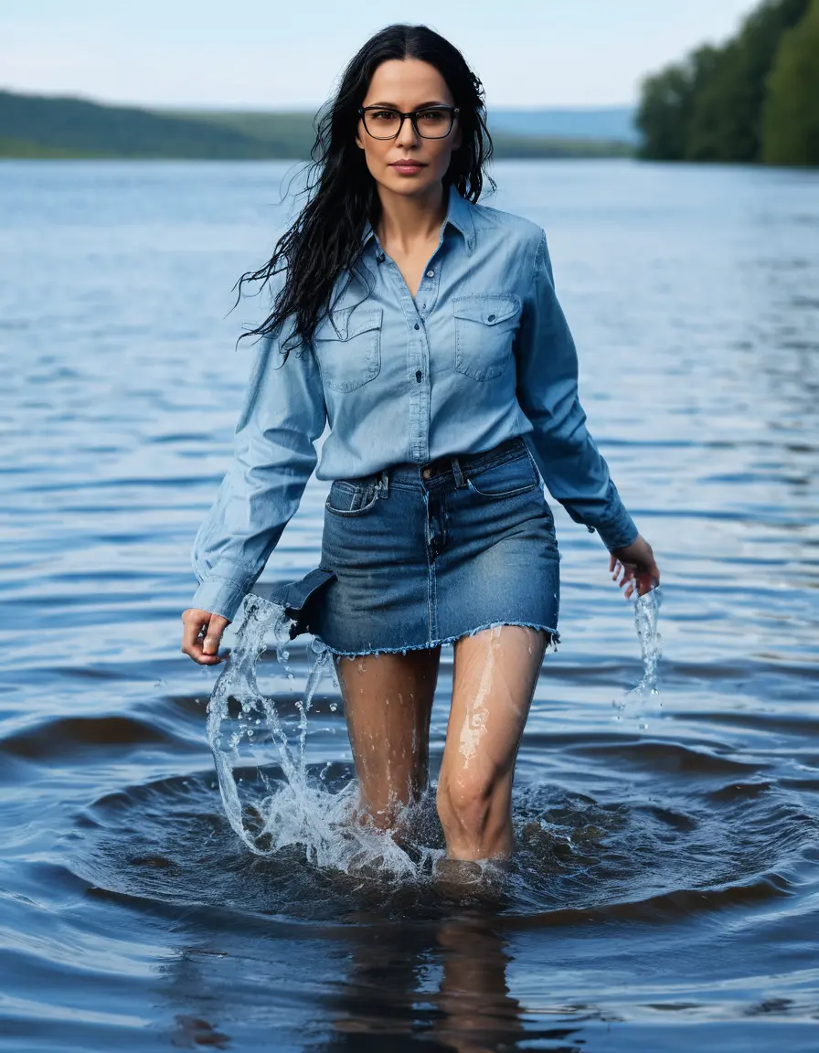 photo of young woman, in soaking wet, drenched clothes,
sport shoes, long flared light blue jeans skirt, blue jeans shirt with long sleeves, walking submerged in sunny deep lake, 
enjoying, wet clothes stuck to body,
detailed textures of the wet clothes, wet face, wet plastered hair,
wet, drenched, professional, high-quality details, full body view.
sharp focus, ultra-high pixel detail, realistic, high-quality, full colors, incredibly detailed, 4k, 8k, 16k, hyper-realistic, RAW photo, masterpiece, ultra-detailed, professionally color graded, professional photograph, mature woman, 51 years old, complete body, long black hair, very big lips, office glasses
