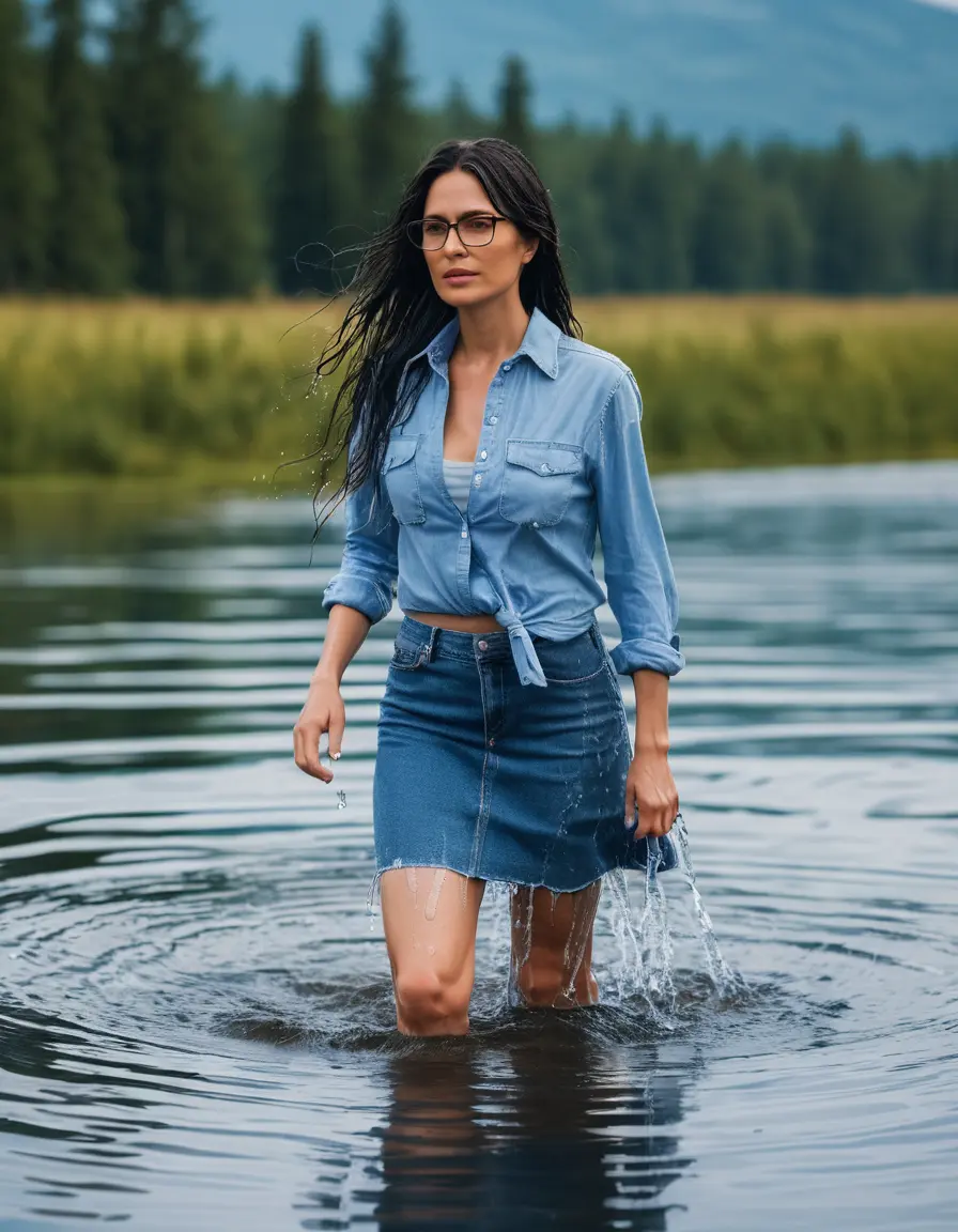 photo of young woman, in soaking wet, drenched clothes,
sport shoes, maxi flared light blue jeans skirt, blue jeans shirt with long sleeves, walking submerged in sunny deep lake, 
enjoying, wet clothes stuck to body,
detailed textures of the wet clothes, wet face, wet plastered hair,
wet, drenched, professional, high-quality details, full body view.
sharp focus, ultra-high pixel detail, realistic, high-quality, full colors, incredibly detailed, 4k, 8k, 16k, hyper-realistic, RAW photo, masterpiece, ultra-detailed, professionally color graded, professional photograph, mature woman, 51 years old, complete body, long black hair, very big lips, office glasses