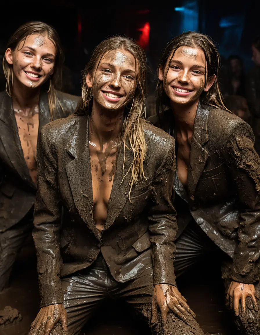photo of young woman, in soaking wet, drenched clothes,
Muddy high heels, Long very muddy suit pants, Full muddy ruined fully-opened unbuttoned blazer like a fancy uniform over topless exposed small boobs., Dark muddy indoor disco club at night with a mud-filled deep pool on the dance floor. Mud splashed walls, very dark mood lighting with pink and blue neon lights from above. Muddy chairs and sofas in the background., 
enjoying, wet clothes stuck to body,
detailed textures of the wet clothes, wet face, wet plastered hair,
wet, drenched, professional, high-quality details, full body view.
sharp focus, ultra-high pixel detail, realistic, high-quality, full colors, incredibly detailed, 4k, 8k, 16k, hyper-realistic, RAW photo, masterpiece, ultra-detailed, professionally color graded, professional photograph, Two very young-looking pretty cute innocent blonde teen 14 years old beautiful girls are posing erotically together in a crowded knee-deep muddy pool after a full dip during the crazy muddy indoor disco party at night for a professional photo. Their knees are below the mud level. They are proudly wearing their fully and heavily mud-covered unbuttoned and opened suits over their muddy topless small boobs. Thick mud on their blazers and pants. Every small details of the clothes are muddy, muddy beautiful faces, muddy chests and boobs. Their blazer has the same colour as their muddy pants. There are small group of similar muddy clubbing teen girls in the near background. The classy elegant disco club is totally destroyed by mud, mud spots everywhere, mud flows down on the walls, mud on the furnitures in the background. Straight very long open wavy hairstyle, muddy hair, smiling and beautiful muddy faces, blue eyes, earrings, lipstick. The girls are enjoying to being total muddy in the muddy pool, being sexy, naughty while they are enjoying the muddy fetish party. Realistic muddy boobs and photorealistic detailed smiling facial expressions. Intimate close-up picture about the girls. Close-up photo, highly realistic representation, ultra sharp focus, highly photorealistic detailed textures, highly photorealistic detailed facial features and expressions, highly photorealistic hands, highly emotional reactions, highly best quality, highly sharp photorealistic image, highly photorealistic details, full UHD resolution, 32 K, very high level of detail and image sharpness, zoomed in
