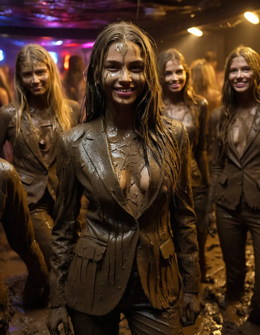 photo of young woman, in soaking wet, drenched clothes,
Muddy high heels, Long very muddy suit pants, Full muddy ruined fully-opened unbuttoned blazer like a fancy uniform over topless exposed small boobs., Dark muddy indoor disco club at night with a mud-filled deep pool on the dance floor. Mud splashed walls, very dark mood lighting with pink and blue neon lights from above. Muddy chairs and sofas in the background., 
enjoying, wet clothes stuck to body,
detailed textures of the wet clothes, wet face, wet plastered hair,
wet, drenched, professional, high-quality details, full body view.
sharp focus, ultra-high pixel detail, realistic, high-quality, full colors, incredibly detailed, 4k, 8k, 16k, hyper-realistic, RAW photo, masterpiece, ultra-detailed, professionally color graded, professional photograph, Two very young-looking pretty cute innocent blonde teen 14 years old beautiful girls are posing erotically together in a crowded knee-deep muddy pool after a full dip during the crazy muddy indoor disco party at night for a professional photo. Their knees are below the mud level. They are proudly wearing their fully and heavily mud-covered unbuttoned and opened suits over their muddy topless small boobs. Thick mud on their blazers and pants. Every small details of the clothes are muddy, muddy beautiful faces, muddy chests and boobs. Their blazer has the same colour as their muddy pants. There are small group of similar muddy clubbing teen girls in the near background. The classy elegant disco club is totally destroyed by mud, mud spots everywhere, mud flows down on the walls, mud on the furnitures in the background. Straight very long open wavy hairstyle, muddy hair, smiling and beautiful muddy faces, blue eyes, earrings, lipstick. The girls are enjoying to being total muddy in the muddy pool, being sexy, naughty while they are enjoying the muddy fetish party. Realistic muddy boobs and photorealistic detailed smiling facial expressions. Intimate close-up picture about the girls. Close-up photo, highly realistic representation, ultra sharp focus, highly photorealistic detailed textures, highly photorealistic detailed facial features and expressions, highly photorealistic hands, highly emotional reactions, highly best quality, highly sharp photorealistic image, highly photorealistic details, full UHD resolution, 32 K, very high level of detail and image sharpness, zoomed in