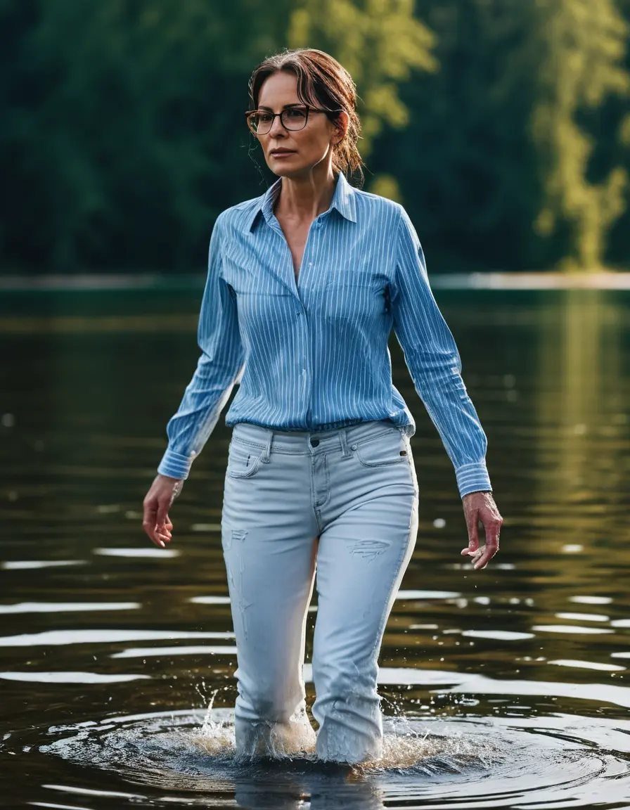 photo of young woman, in soaking wet, drenched clothes,
sport shoes, long white striped jeans, light blue jeans shirt with long sleeves, walking in sunny deep lake, 
enjoying, wet clothes stuck to body,
detailed textures of the wet clothes, wet face, wet plastered hair,
wet, drenched, professional, high-quality details, full body view.
sharp focus, ultra-high pixel detail, realistic, high-quality, full colors, incredibly detailed, 4k, 8k, 16k, hyper-realistic, RAW photo, masterpiece, ultra-detailed, professionally color graded, professional photograph, mature brunette woman, 51 years old, complete body, very big lips, office glasses