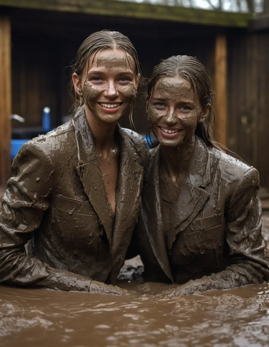photo of young woman, in soaking wet, drenched clothes,
, Long very muddy suit pants, Full muddy ruined fully-opened unbuttoned blazer like a fancy uniform over topless exposed small boobs., Dark muddy indoor disco club with a mud-filled deep hot tub. Mud splashed walls, very dark mood lighting with pink and blue neon lights. Muddy furnitures and mud-covered chairs and sofas in the background., 
enjoying, wet clothes stuck to body,
detailed textures of the wet clothes, wet face, wet plastered hair,
wet, drenched, professional, high-quality details, full body view.
sharp focus, ultra-high pixel detail, realistic, high-quality, full colors, incredibly detailed, 4k, 8k, 16k, hyper-realistic, RAW photo, masterpiece, ultra-detailed, professionally color graded, professional photograph, Two young-looking pretty cute innocent blonde teen 14 years old beautiful girls are sitting submerged in a deep muddy hot tub after a full dip in it while they are hugging each other. Their waists are below the mud level. They are wearing their fully and heavily mud-covered unbuttoned and opened suits over their muddy topless boobs. Thick mud on their blazers and pants. Every small details of the clothes are muddy, muddy beautiful faces, muddy chests and boobs. Their blazer has the same colour as their muddy pants. They are proudly wearing their expensive open blazers. The classy elegant disco club is totally destroyed by mud, mud spots everywhere, mud flows down on the walls, mud on the furnitures in the background. Straight very long open wavy hairstyle, muddy hair, smiling and beautiful muddy faces, blue eyes, earrings, lipstick. The girls are enjoying to being total muddy in the muddy hot tub, being sexy, naughty while they are enjoying the muddy fetish party. Realistic muddy boobs and photorealistic detailed smiling facial expressions. Intimate close-up picture about the girls. Close-up photo, highly realistic representation, ultra sharp focus, highly photorealistic detailed textures, highly photorealistic detailed facial features and expressions, highly photorealistic hands, highly emotional reactions, highly best quality, highly sharp photorealistic image, highly photorealistic details, full UHD resolution, 32 K, very high level of detail and image sharpness, zoomed in