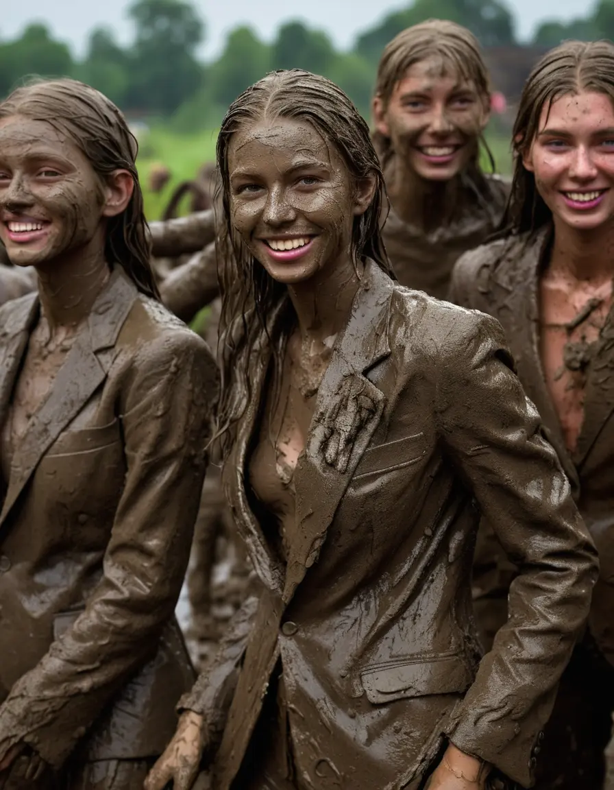 photo of young woman, in soaking wet, drenched clothes,
, Long very muddy suit pants, Full muddy ruined fully-opened unbuttoned blazer like a fancy uniform over topless exposed small boobs., Dark muddy indoor disco club with a mud-filled deep pool on the dance floor. Mud splashed walls, very dark mood lighting with pink and blue neon lights. Muddy furnitures and mud-covered chairs and sofas in the background., 
enjoying, wet clothes stuck to body,
detailed textures of the wet clothes, wet face, wet plastered hair,
wet, drenched, professional, high-quality details, full body view.
sharp focus, ultra-high pixel detail, realistic, high-quality, full colors, incredibly detailed, 4k, 8k, 16k, hyper-realistic, RAW photo, masterpiece, ultra-detailed, professionally color graded, professional photograph, Two young-looking pretty cute innocent blonde teen 16 years old beautiful girls are playing together in a deep muddy pool after a full dip in it while they are hugging each other during the muddy disco party. Their waists are below the mud level. They are proudly wearing their fully and heavily mud-covered unbuttoned and opened suits over their muddy topless small boobs. Thick mud on their blazers and pants. Every small details of the clothes are muddy, muddy beautiful faces, muddy chests and boobs. Their blazer has the same colour as their muddy pants. There are small group of similar muddy clubbing teen girls in the near background. The classy elegant disco club is totally destroyed by mud, mud spots everywhere, mud flows down on the walls, mud on the furnitures in the background. Straight very long open wavy hairstyle, muddy hair, smiling and beautiful muddy faces, blue eyes, earrings, lipstick. The girls are enjoying to being total muddy in the muddy pool, being sexy, naughty while they are enjoying the muddy fetish party. Realistic muddy boobs and photorealistic detailed smiling facial expressions. Intimate close-up picture about the girls. Close-up photo, highly realistic representation, ultra sharp focus, highly photorealistic detailed textures, highly photorealistic detailed facial features and expressions, highly photorealistic hands, highly emotional reactions, highly best quality, highly sharp photorealistic image, highly photorealistic details, full UHD resolution, 32 K, very high level of detail and image sharpness, zoomed in