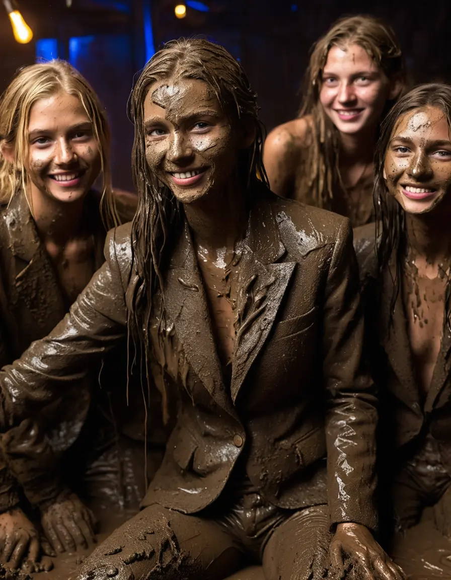 photo of young woman, in soaking wet, drenched clothes,
Muddy high heels, Long very muddy suit pants, Full muddy ruined fully-opened unbuttoned blazer like a fancy uniform over topless exposed small boobs., Dark muddy indoor disco club at night with a mud-filled deep pool on the dance floor. Mud splashed walls, very dark mood lighting with pink and blue neon lights from above. Muddy chairs and sofas in the background., 
enjoying, wet clothes stuck to body,
detailed textures of the wet clothes, wet face, wet plastered hair,
wet, drenched, professional, high-quality details, full body view.
sharp focus, ultra-high pixel detail, realistic, high-quality, full colors, incredibly detailed, 4k, 8k, 16k, hyper-realistic, RAW photo, masterpiece, ultra-detailed, professionally color graded, professional photograph, Two very young-looking pretty cute innocent blonde teen 14 years old beautiful girls are sitting and posing erotically together in a crowded deep muddy pool after a full dip during the crazy muddy indoor disco party at night for a professional photo. Their waists are below the mud level. They are proudly wearing their fully and heavily mud-covered unbuttoned and opened suits over their muddy topless small boobs. Thick mud on their blazers and pants. Every small details of the clothes are muddy, muddy beautiful faces, muddy chests and boobs. Their blazer has the same colour as their muddy pants. There are small group of similar muddy clubbing teen girls in the near background. The classy elegant disco club is totally destroyed by mud, mud spots everywhere, mud flows down on the walls, mud on the furnitures in the background. Straight very long open wavy hairstyle, muddy hair, smiling and beautiful muddy faces, blue eyes, earrings, lipstick. The girls are enjoying to being total muddy in the muddy pool, being sexy, naughty while they are enjoying the muddy fetish party. Realistic muddy boobs and photorealistic detailed smiling facial expressions. Intimate close-up picture about the girls. Close-up photo, highly realistic representation, ultra sharp focus, highly photorealistic detailed textures, highly photorealistic detailed facial features and expressions, highly photorealistic hands, highly emotional reactions, highly best quality, highly sharp photorealistic image, highly photorealistic details, full UHD resolution, 32 K, very high level of detail and image sharpness, zoomed in