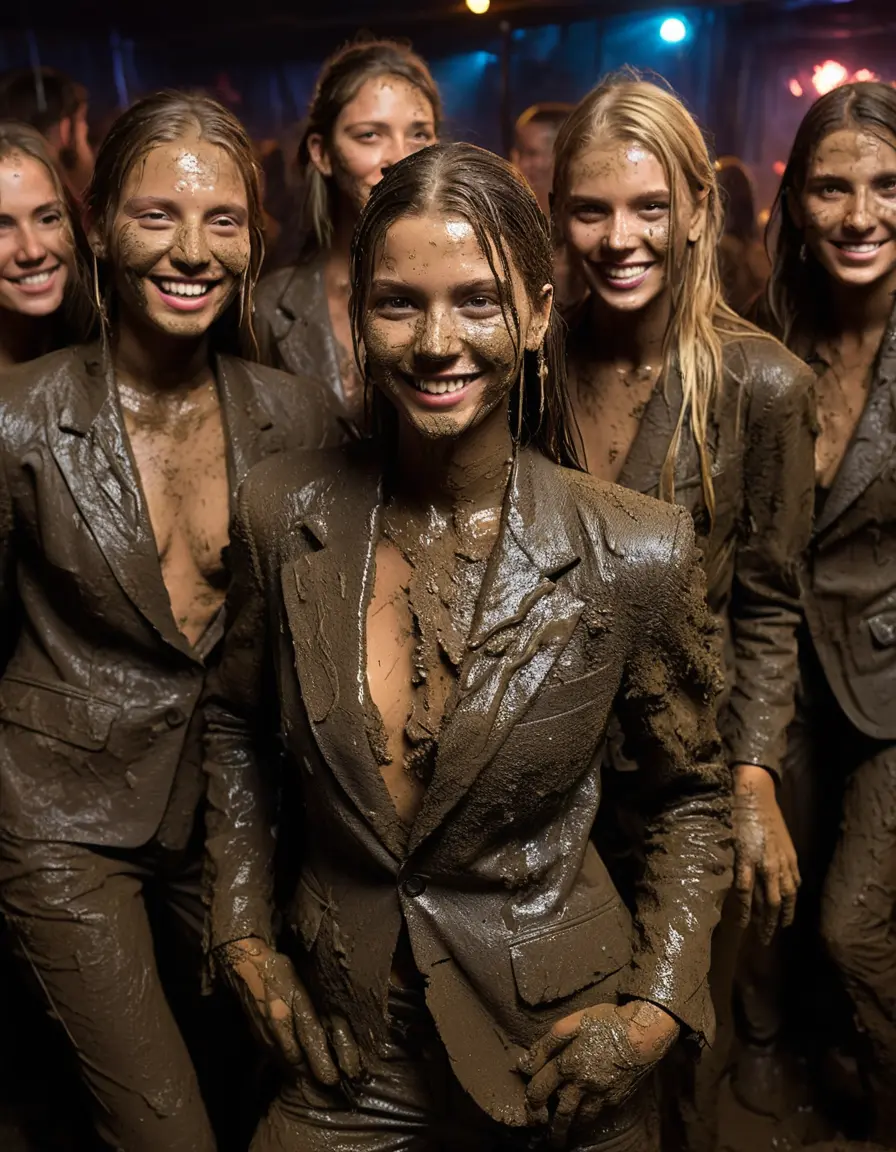 photo of young woman, in soaking wet, drenched clothes,
Muddy high heels, Long very muddy suit pants, Full muddy ruined fully-opened unbuttoned blazer like a fancy uniform over topless exposed small boobs., Dark muddy indoor disco club at night with a mud-filled deep pool on the dance floor. Mud splashed walls, very dark mood lighting with pink and blue neon lights from above. Muddy chairs and sofas in the background., 
enjoying, wet clothes stuck to body,
detailed textures of the wet clothes, wet face, wet plastered hair,
wet, drenched, professional, high-quality details, full body view.
sharp focus, ultra-high pixel detail, realistic, high-quality, full colors, incredibly detailed, 4k, 8k, 16k, hyper-realistic, RAW photo, masterpiece, ultra-detailed, professionally color graded, professional photograph, Two very young-looking pretty cute innocent blonde teen 18 years old beautiful girls are dancing together in a crowded deep muddy pool after a full dip during the crazy muddy indoor disco party at night and splashing each other with liquid mud. Their knees are below the mud level. They are proudly wearing their fully and heavily mud-covered unbuttoned and opened suits over their muddy topless small boobs. Thick mud on their blazers and pants. Every small details of the clothes are muddy, muddy beautiful faces, muddy chests and boobs. Their blazer has the same colour as their muddy pants. There are small group of similar muddy clubbing teen girls in the near background. The classy elegant disco club is totally destroyed by mud, mud spots everywhere, mud flows down on the walls, mud on the furnitures in the background. Straight very long open wavy hairstyle, muddy hair, smiling and beautiful muddy faces, blue eyes, earrings, lipstick. The girls are enjoying to being total muddy in the muddy pool, being sexy, naughty while they are enjoying the muddy fetish party. Realistic muddy boobs and photorealistic detailed smiling facial expressions. Intimate close-up picture about the girls. Close-up photo, highly realistic representation, ultra sharp focus, highly photorealistic detailed textures, highly photorealistic detailed facial features and expressions, highly photorealistic hands, highly emotional reactions, highly best quality, highly sharp photorealistic image, highly photorealistic details, full UHD resolution, 32 K, very high level of detail and image sharpness, zoomed in