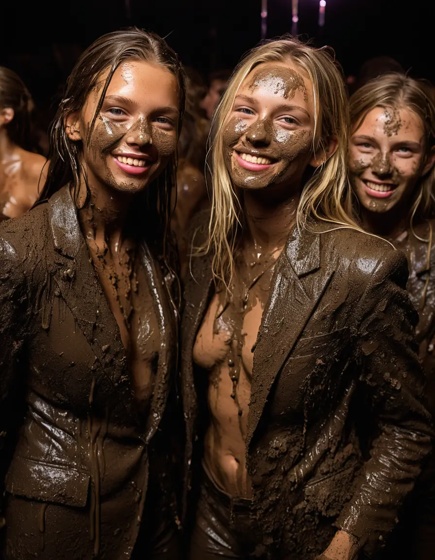 photo of young woman, in soaking wet, drenched clothes,
Muddy high heels, Long very muddy suit pants, Full muddy ruined fully-opened unbuttoned blazer like a fancy uniform over topless exposed small boobs., Dark muddy indoor disco club at night with a very deep mud pool on the dance floor. Mud splashed walls, dripping mud from above, very dark mood lighting with pink and blue neon lights from above., 
enjoying, wet clothes stuck to body,
detailed textures of the wet clothes, wet face, wet plastered hair,
wet, drenched, professional, high-quality details, full body view.
sharp focus, ultra-high pixel detail, realistic, high-quality, full colors, incredibly detailed, 4k, 8k, 16k, hyper-realistic, RAW photo, masterpiece, ultra-detailed, professionally color graded, professional photograph, Two very young-looking pretty cute innocent blonde teen 16 years old beautiful girls are standing together and kissing in a crowded deep muddy pool after a full dip during the crazy muddy indoor disco party at night and posing for a professional photo. Their legs and thighs are below the mud level of the pool. They are proudly wearing their fully and heavily mud-covered unbuttoned and opened suits over their exposed muddy topless small boobs. Thick mud on their blazers and pants. Every small details of the clothes are muddy, muddy beautiful faces, muddy chests and boobs. Their blazer has the same colour as their muddy pants. There are small group of similar muddy clubbing teen girls in the near background. The classy elegant disco club is totally destroyed by mud, mud spots everywhere, mud flows down on the walls, mud on the furnitures in the background. Straight very long open wavy hairstyle, muddy hair, smiling and beautiful muddy faces, blue eyes, earrings, lipstick. The girls are enjoying to being total muddy in the muddy pool, being sexy, naughty while they are enjoying the muddy fetish party. Realistic muddy boobs and photorealistic detailed smiling facial expressions. Intimate close-up picture about the girls. Close-up photo, highly realistic representation, ultra sharp focus, highly photorealistic detailed textures, highly photorealistic detailed facial features and expressions, highly photorealistic hands, highly emotional reactions, highly best quality, highly sharp photorealistic image, highly photorealistic details, full UHD resolution, 32 K, very high level of detail and image sharpness, zoomed in