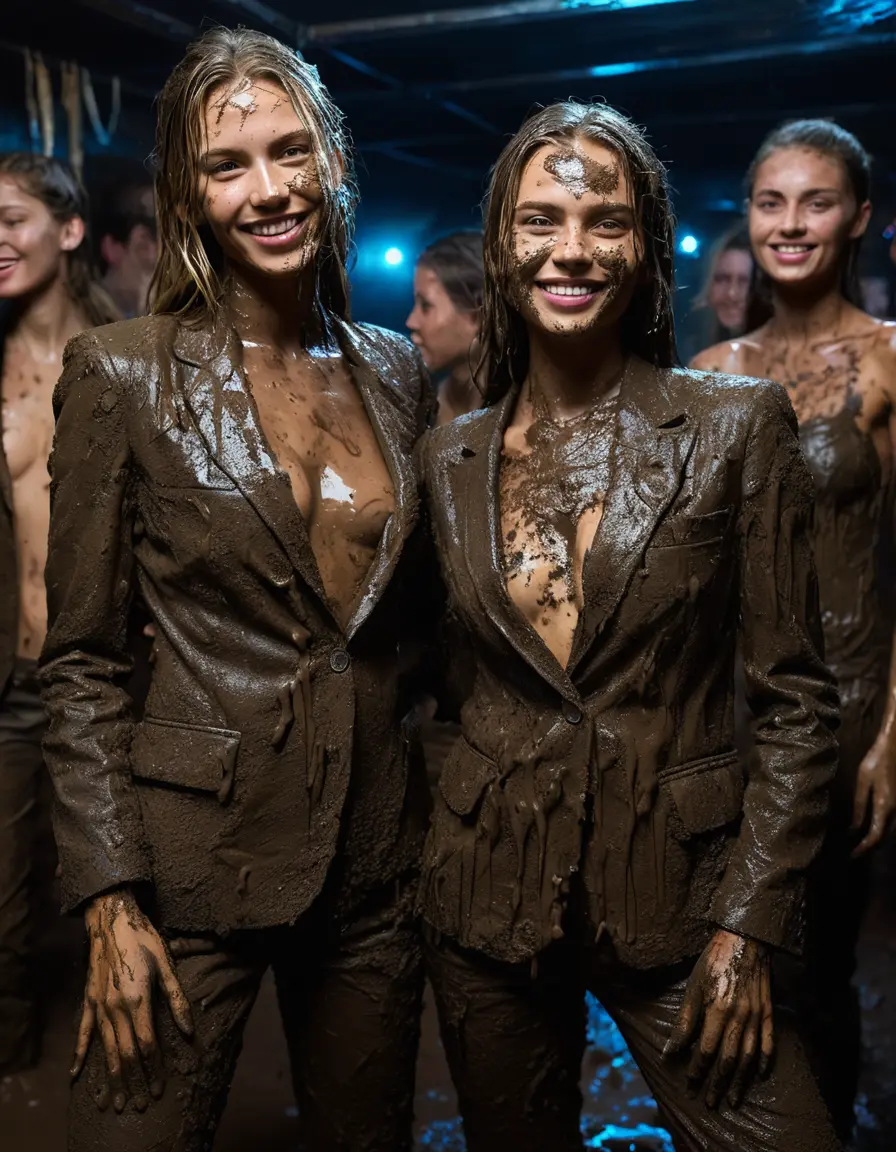 photo of young woman, in soaking wet, drenched clothes,
Muddy high heels, Long very muddy suit pants, Full muddy ruined fully-opened unbuttoned blazer like a fancy uniform over topless exposed small boobs., Dark muddy indoor disco club at night with a very deep mud pool on the dance floor. Mud splashed walls, dripping mud from above, very dark mood lighting with pink and blue neon lights from above., 
enjoying, wet clothes stuck to body,
detailed textures of the wet clothes, wet face, wet plastered hair,
wet, drenched, professional, high-quality details, full body view.
sharp focus, ultra-high pixel detail, realistic, high-quality, full colors, incredibly detailed, 4k, 8k, 16k, hyper-realistic, RAW photo, masterpiece, ultra-detailed, professionally color graded, professional photograph, Two very young-looking pretty cute innocent blonde teen 16 years old beautiful girls are standing together and kissing in a crowded deep muddy pool after a full dip during the crazy muddy indoor disco party at night and posing for a professional photo. Their legs and thighs are below the mud level of the pool. They are proudly wearing their fully and heavily mud-covered unbuttoned and opened suits over their exposed muddy topless small boobs. Thick mud on their blazers and pants. Every small details of the clothes are muddy, muddy beautiful faces, muddy chests and boobs. Their blazer has the same colour as their muddy pants. There are small group of similar muddy clubbing teen girls in the near background. The classy elegant disco club is totally destroyed by mud, mud spots everywhere, mud flows down on the walls, mud on the furnitures in the background. Straight very long open wavy hairstyle, muddy hair, smiling and beautiful muddy faces, blue eyes, earrings, lipstick. The girls are enjoying to being total muddy in the muddy pool, being sexy, naughty while they are enjoying the muddy fetish party. Realistic muddy boobs and photorealistic detailed smiling facial expressions. Intimate close-up picture about the girls. Close-up photo, highly realistic representation, ultra sharp focus, highly photorealistic detailed textures, highly photorealistic detailed facial features and expressions, highly photorealistic hands, highly emotional reactions, highly best quality, highly sharp photorealistic image, highly photorealistic details, full UHD resolution, 32 K, very high level of detail and image sharpness, zoomed in